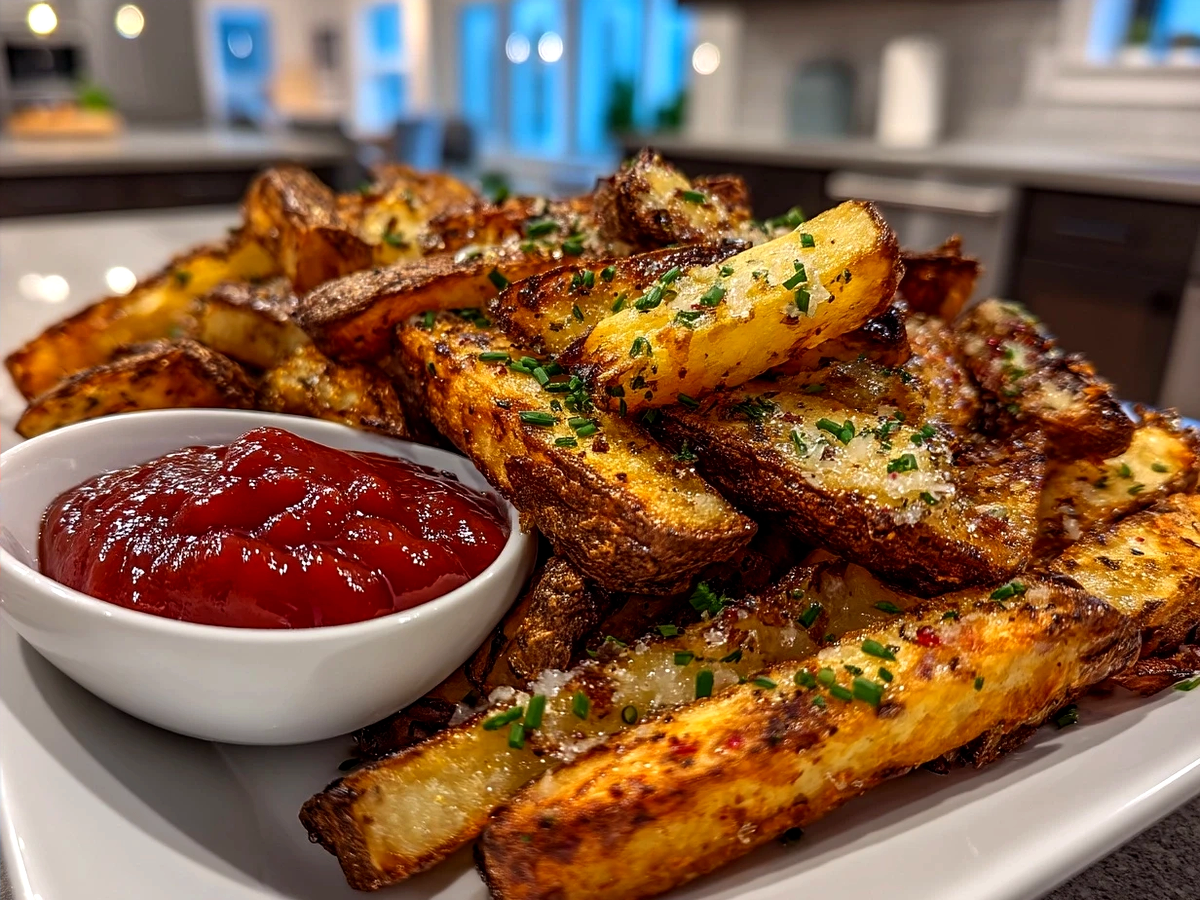 Serving of crispy Air Fryer Fries garnished with fresh herbs on a plate