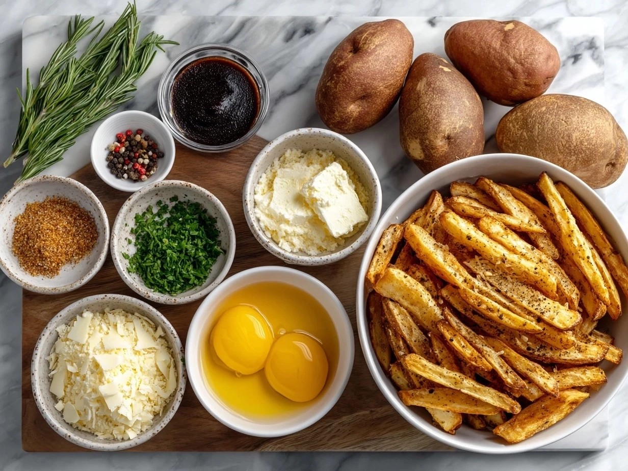 Ingredients for Air Fryer Fries arranged on a rustic surface including potatoes, spices, and oil