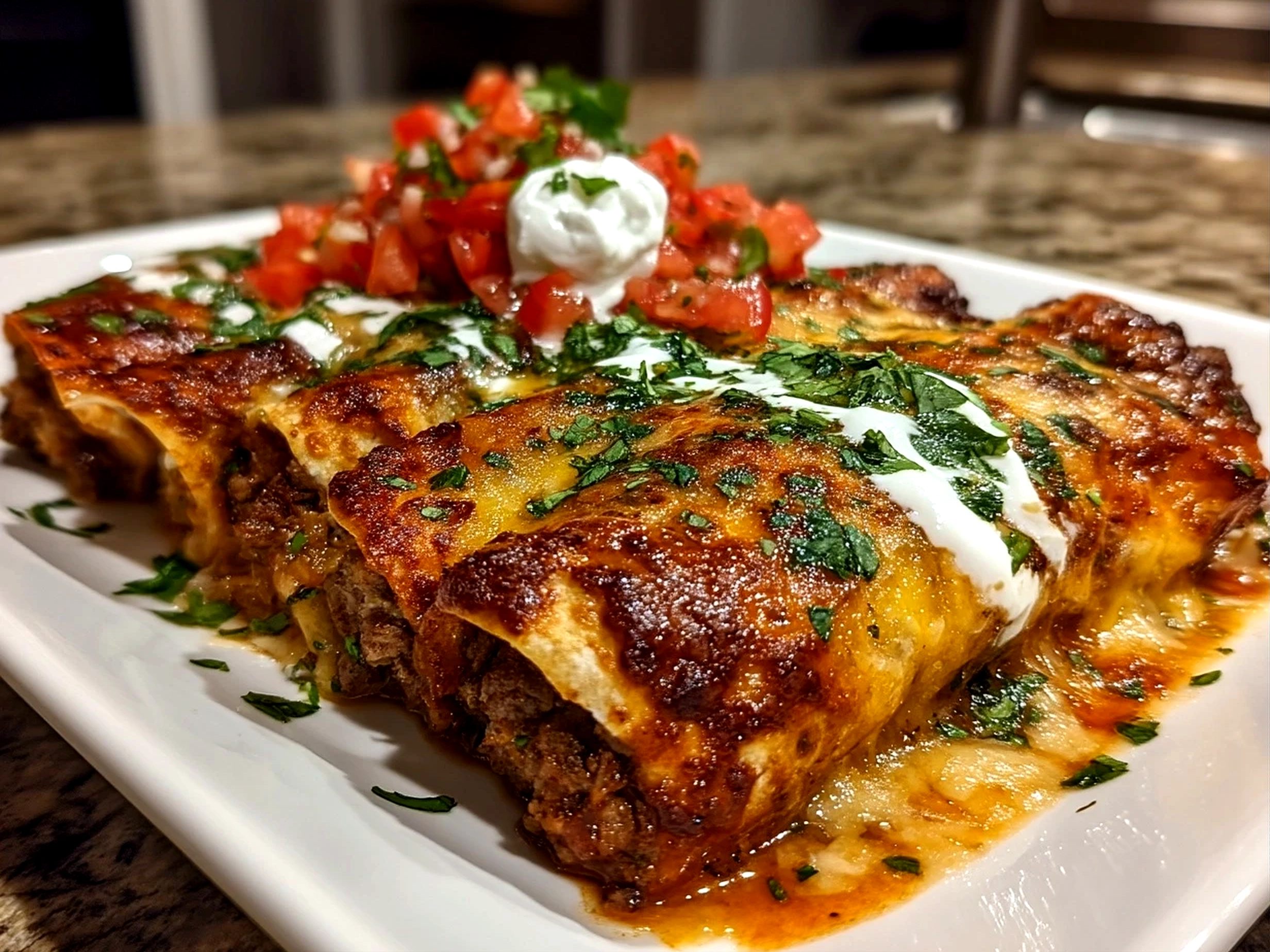 Close-up of a finished homemade ground beef enchiladas dish, mouthwatering and ready to serve