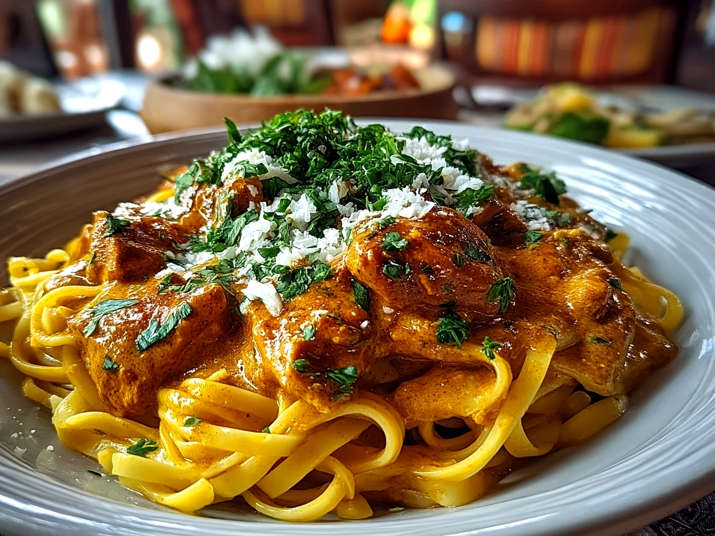 Close-up of finished comforting Butter Chicken Linguine served warmly in a rustic bowl