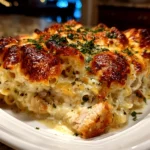 Amateur kitchen, taken with iPhone 14. Close-up slight angle of comforting Chicken Cordon Bleu Casserole on white plate. Hearty comforting --ar 4:3 --style raw --s 230