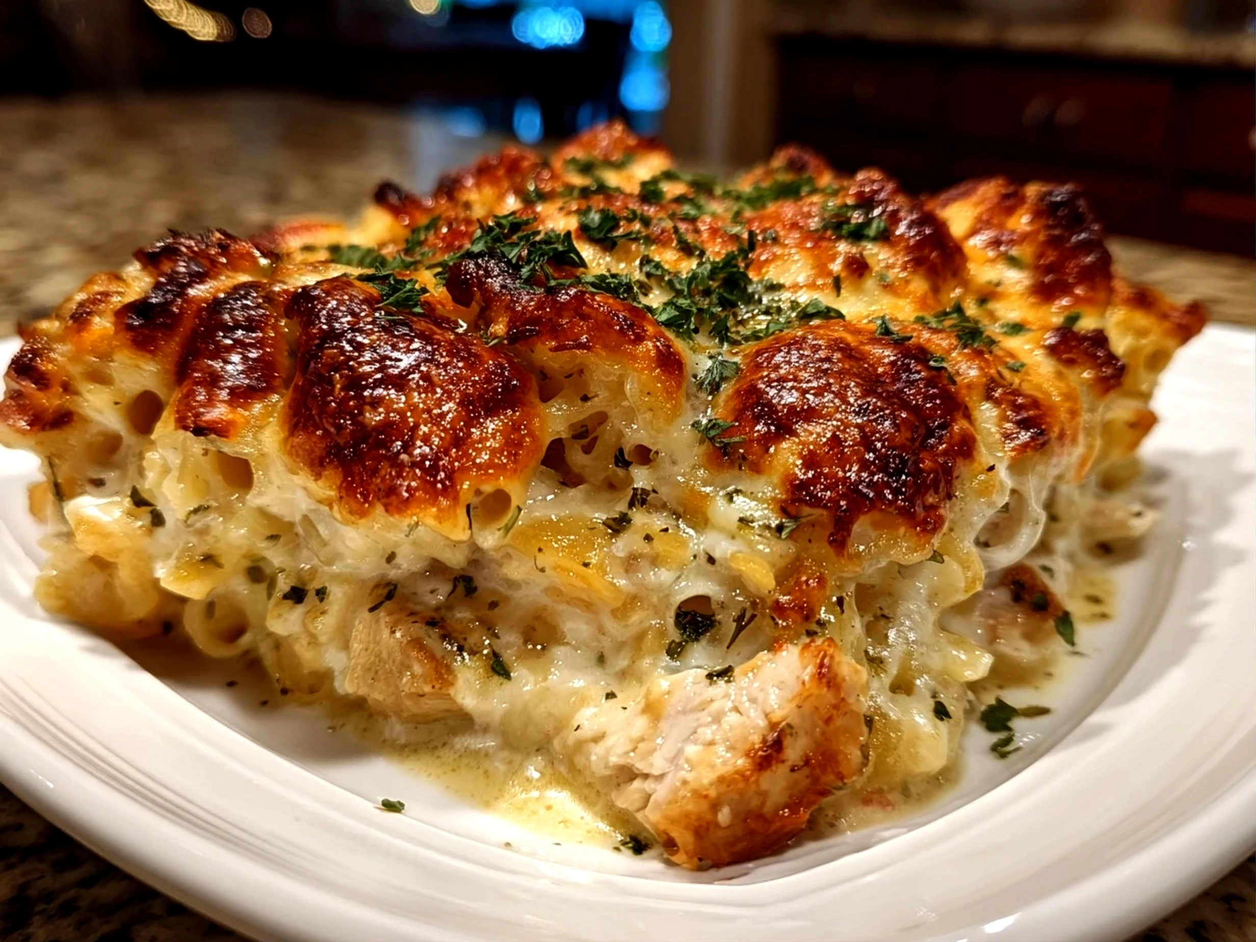 Amateur kitchen, taken with iPhone 14. Close-up slight angle of comforting Chicken Cordon Bleu Casserole on white plate. Hearty comforting --ar 4:3 --style raw --s 230