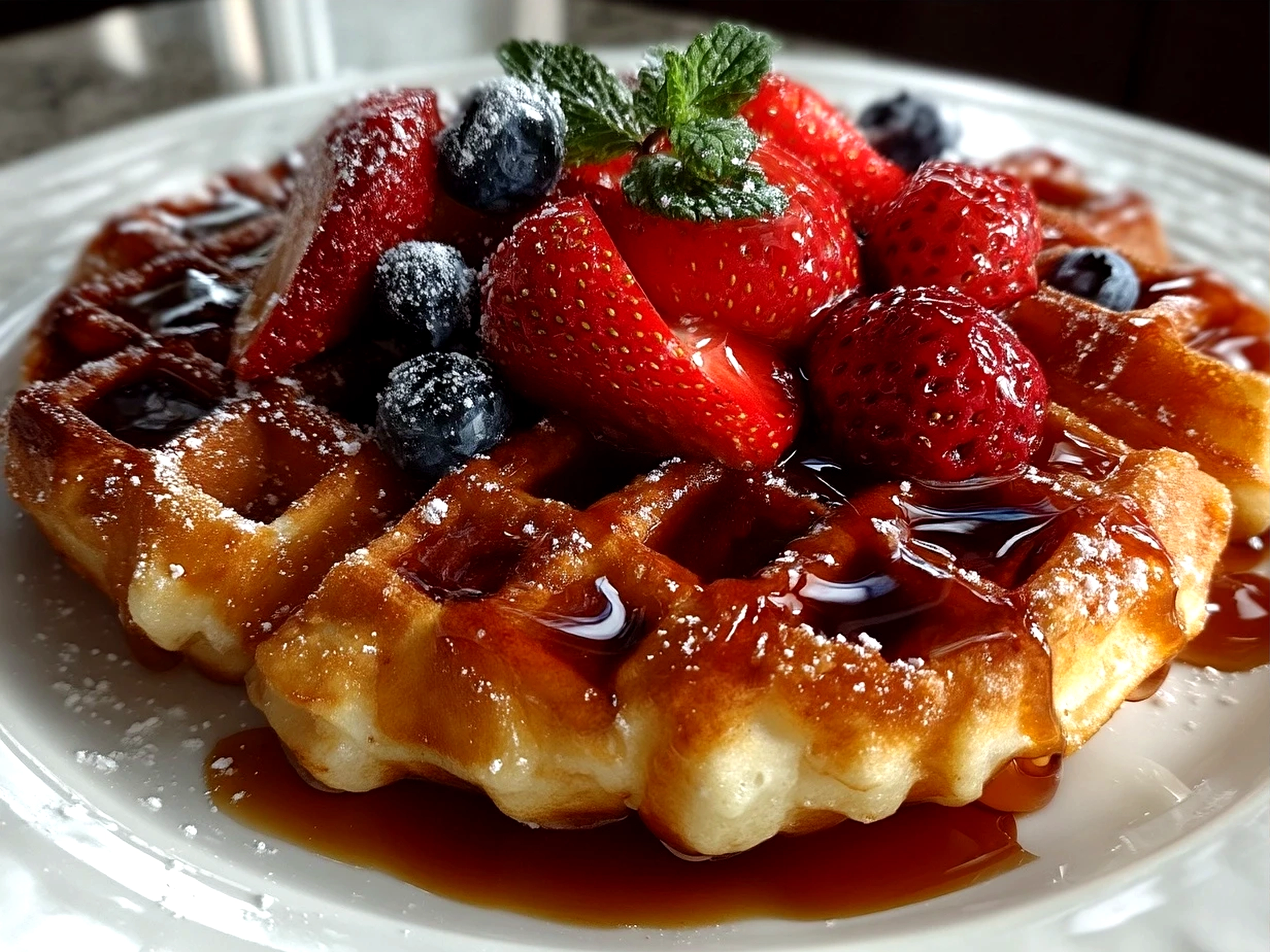 Finished Belgian Waffles served with fresh fruit and syrup