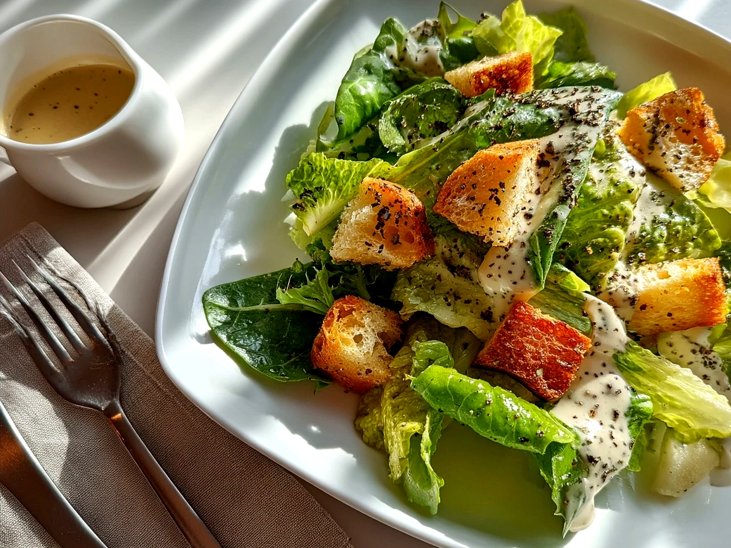 Finished Caesar Salad with creamy Caesar Dressing drizzled over Romaine lettuce