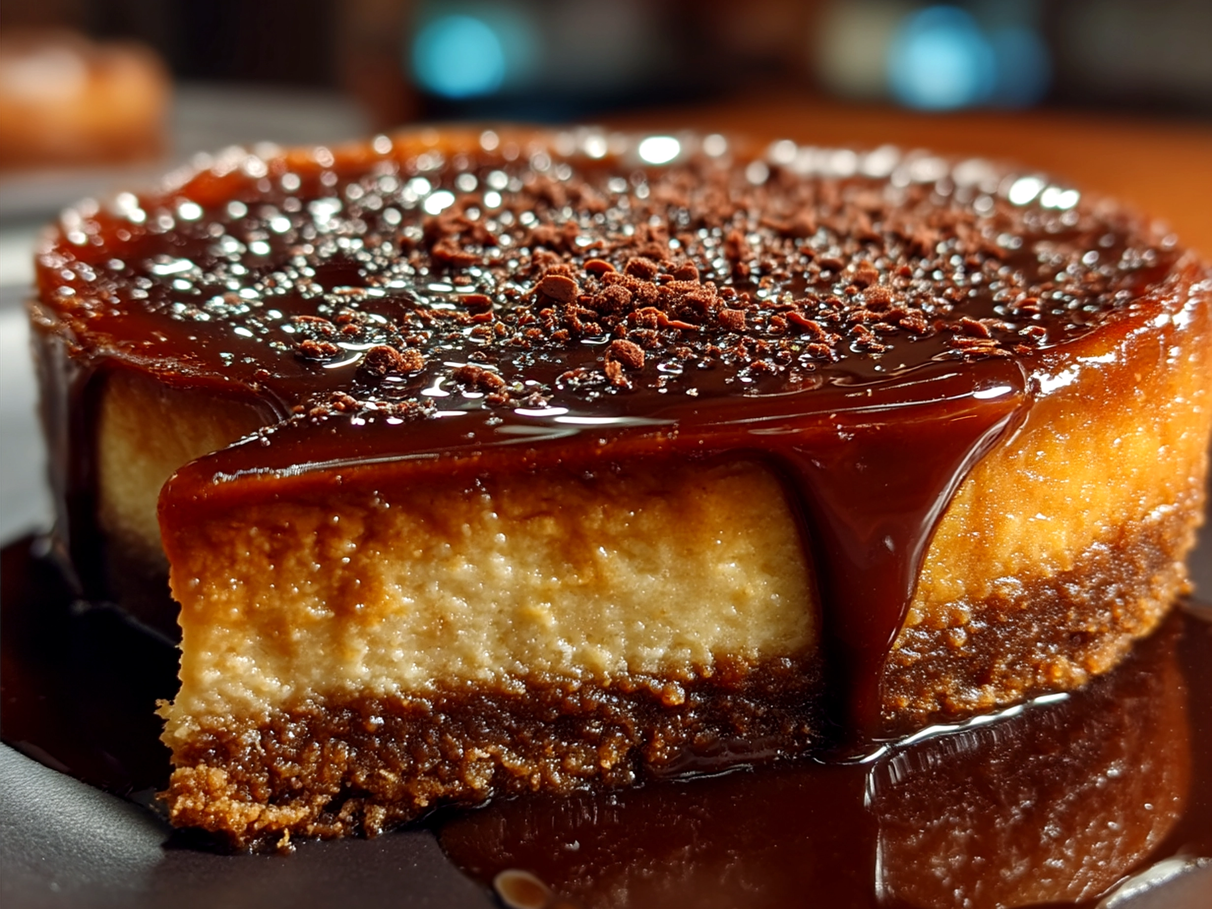 Serving Caramel Chocolate Coffee Cheesecake with espresso beans and cocoa dusting