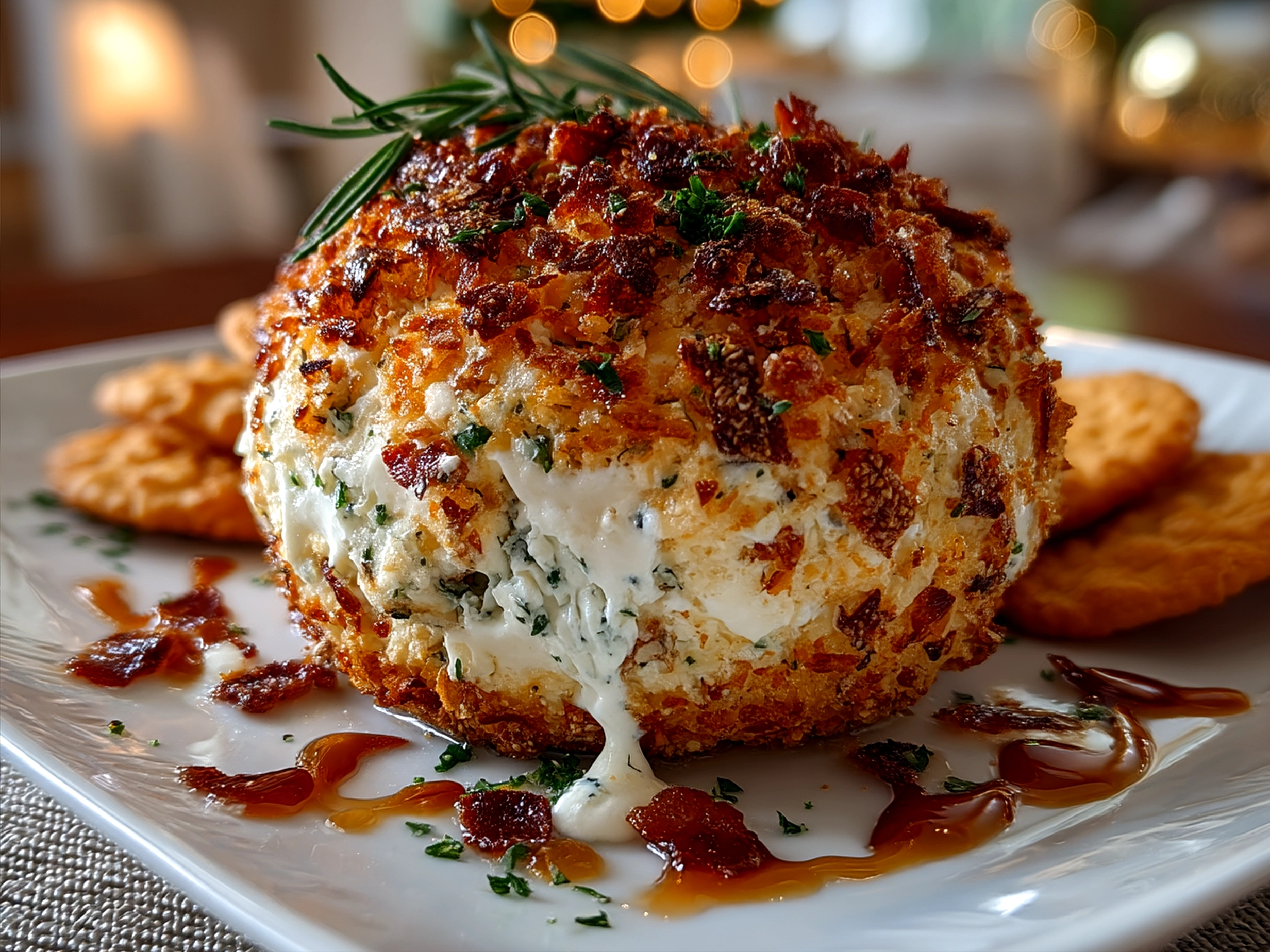 Creamy cheese ball on a wooden board surrounded by crackers and celery sticks