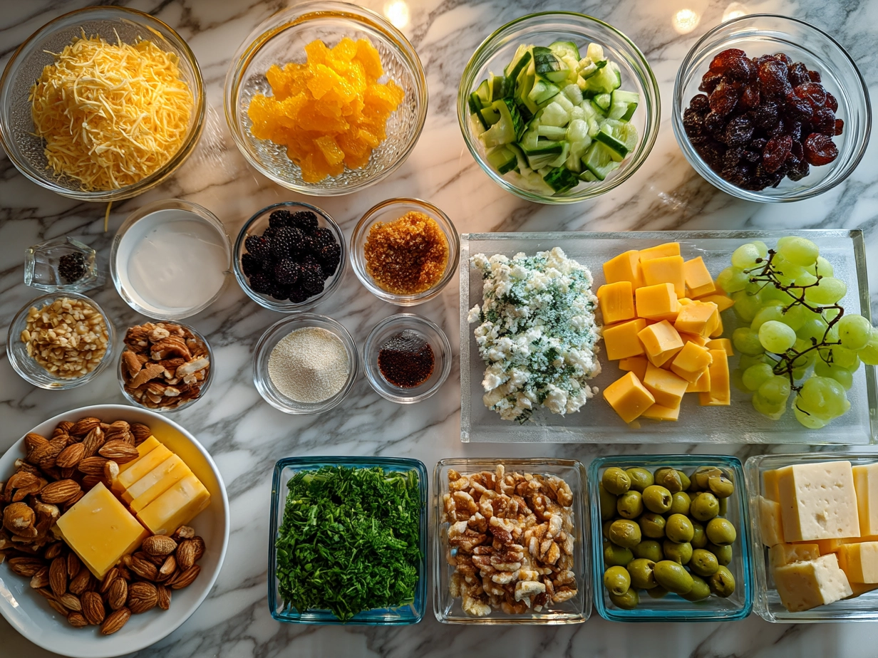Ingredients for a creamy cheese ball laid out on a wooden surface