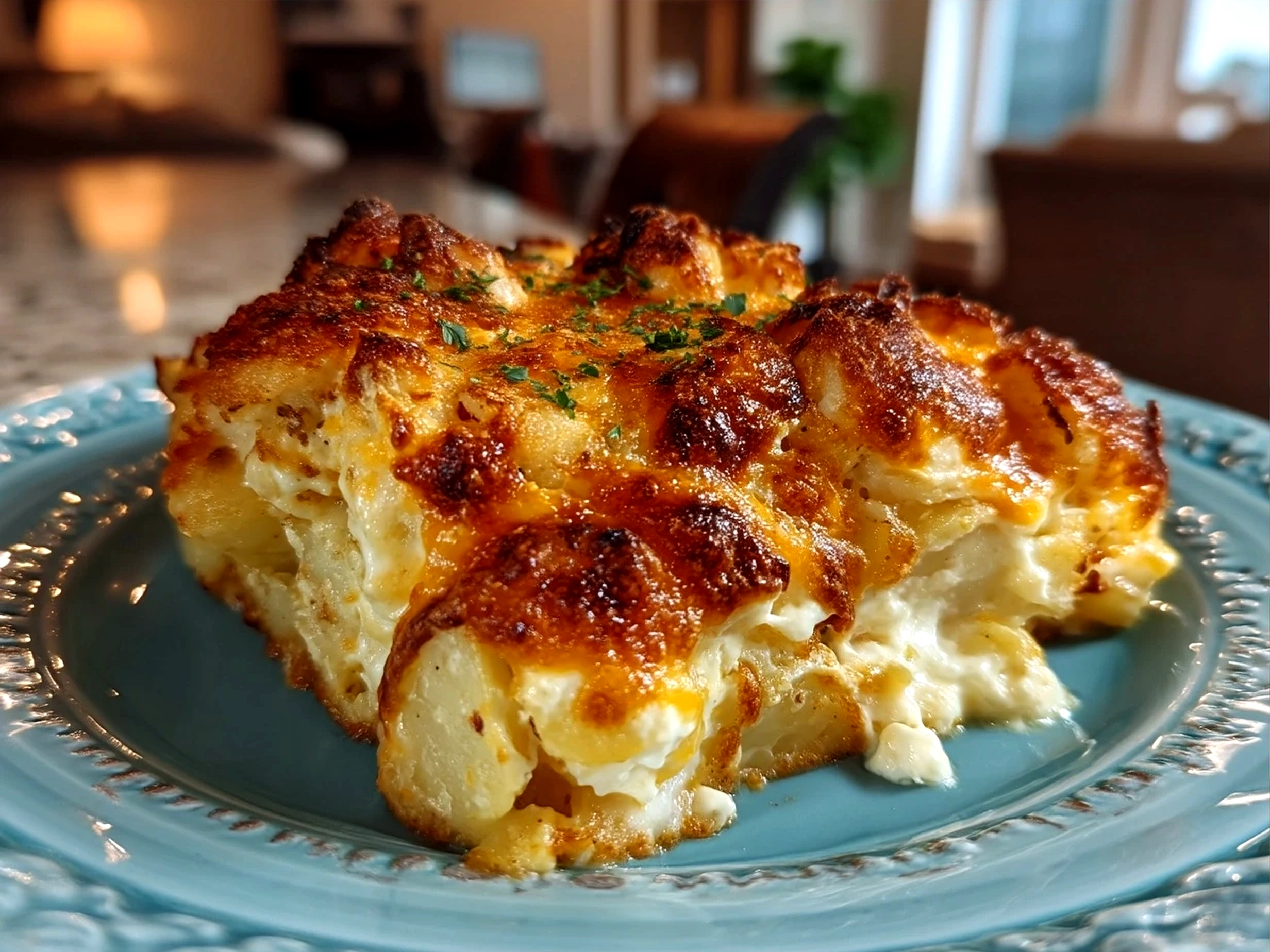 Cheesy Funeral Potatoes served in a warm casserole dish ready to be enjoyed
