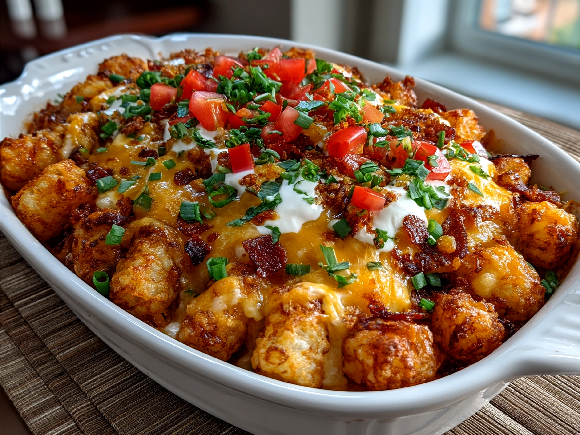 A serving of Cheesy Taco Tater Tot Bake with melted cheddar cheese and golden tater tots