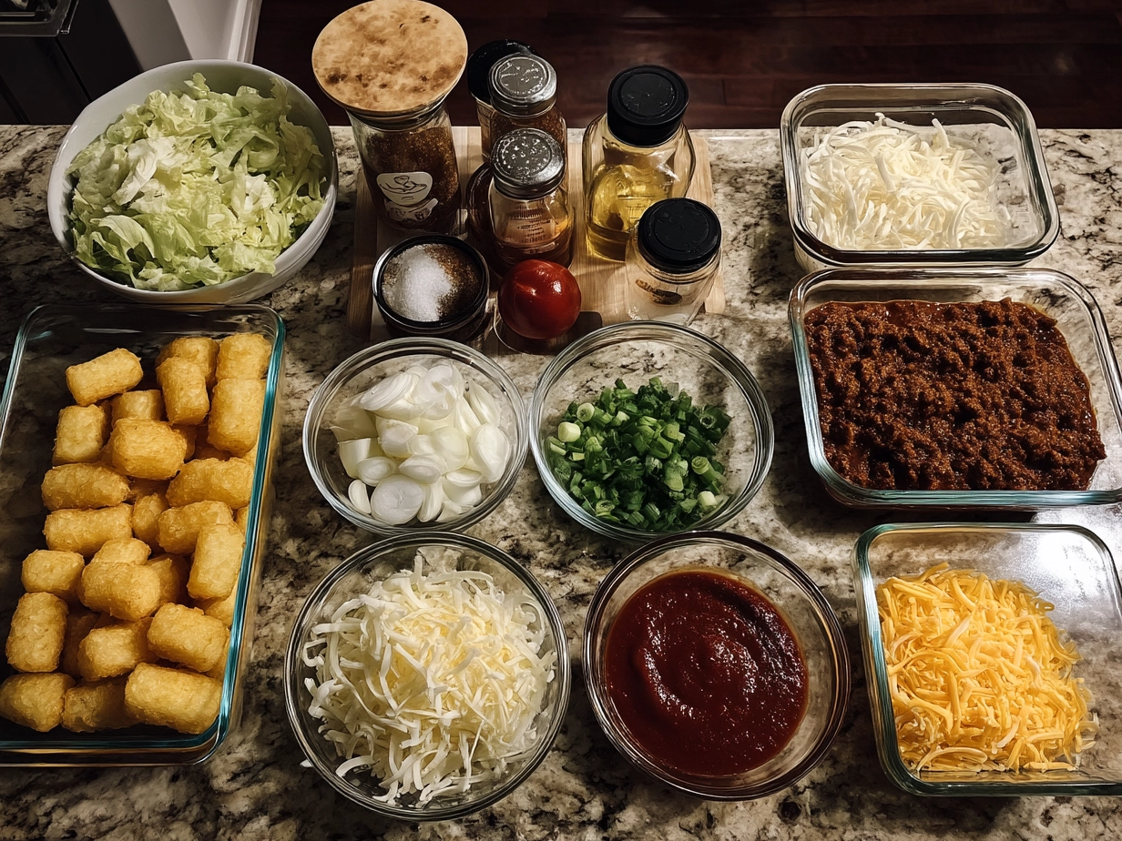 Ingredients for Cheesy Taco Tater Tot Bake including ground beef, taco seasoning, tater tots, cheddar cheese, onions, tomatoes, black beans, and corn