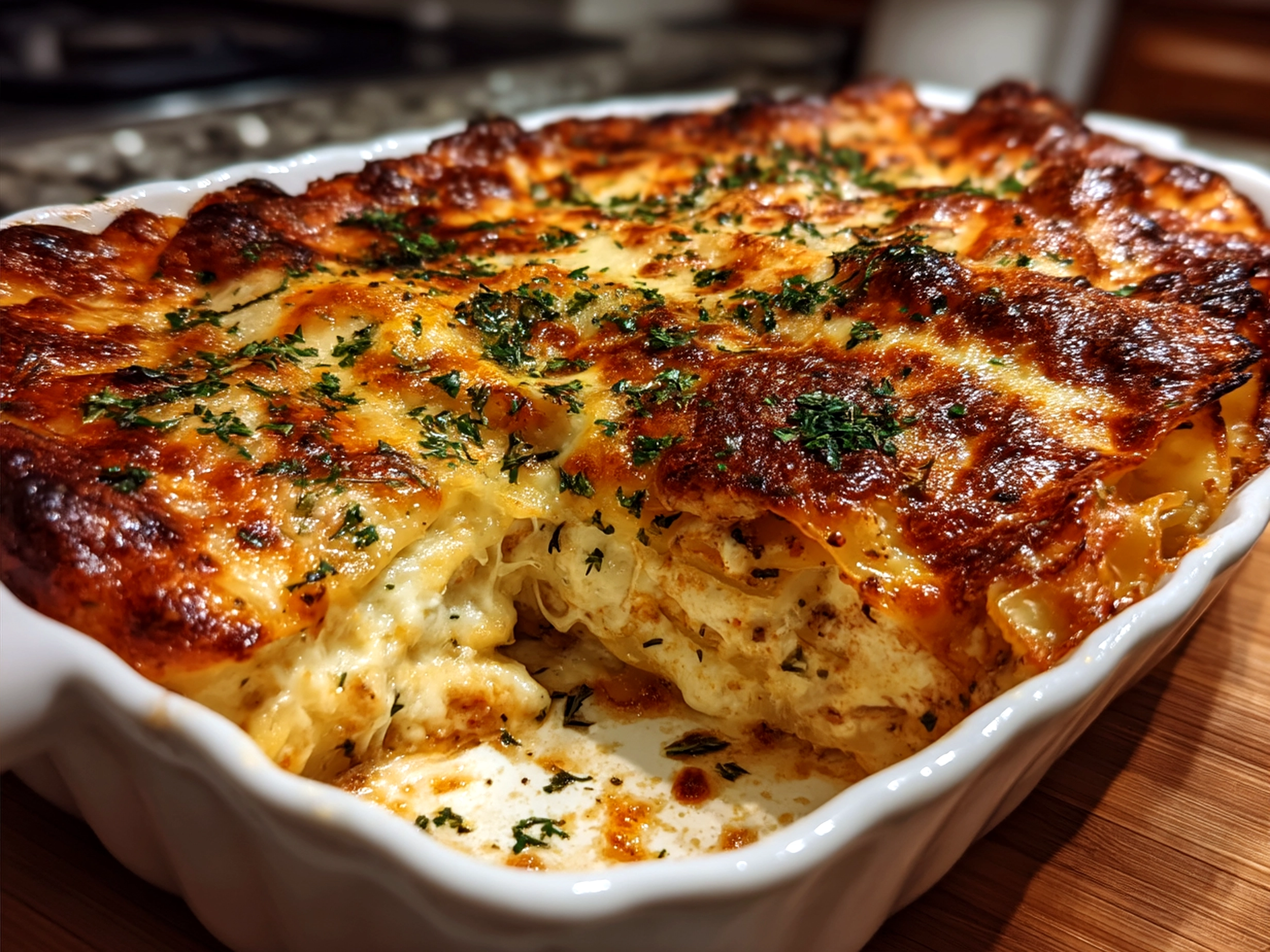 Serving plate with deliciously baked chicken lasagna garnished with fresh basil