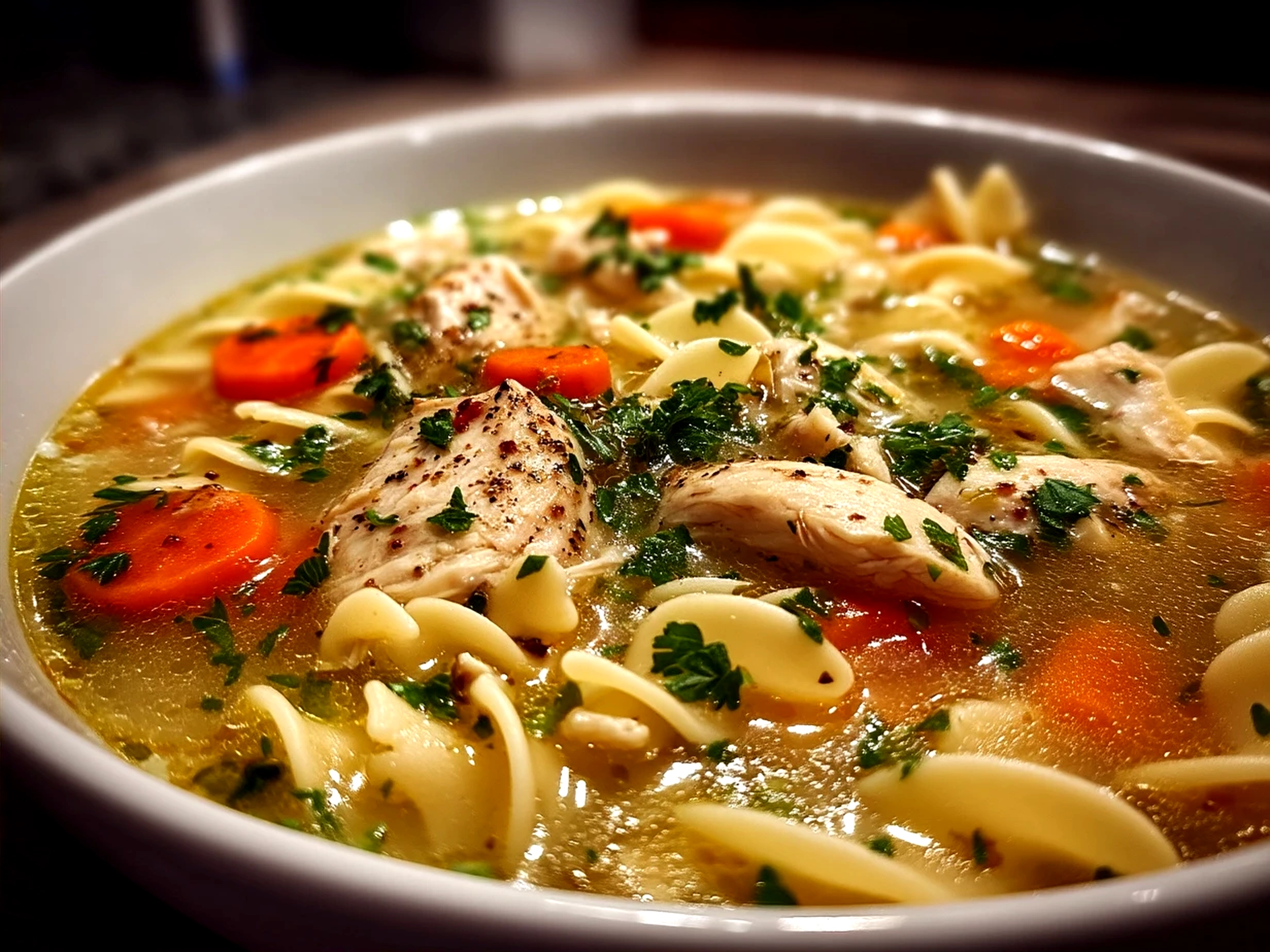 Serving of warm Chick Fil A Chicken Noodle Soup in a bowl with steam rising