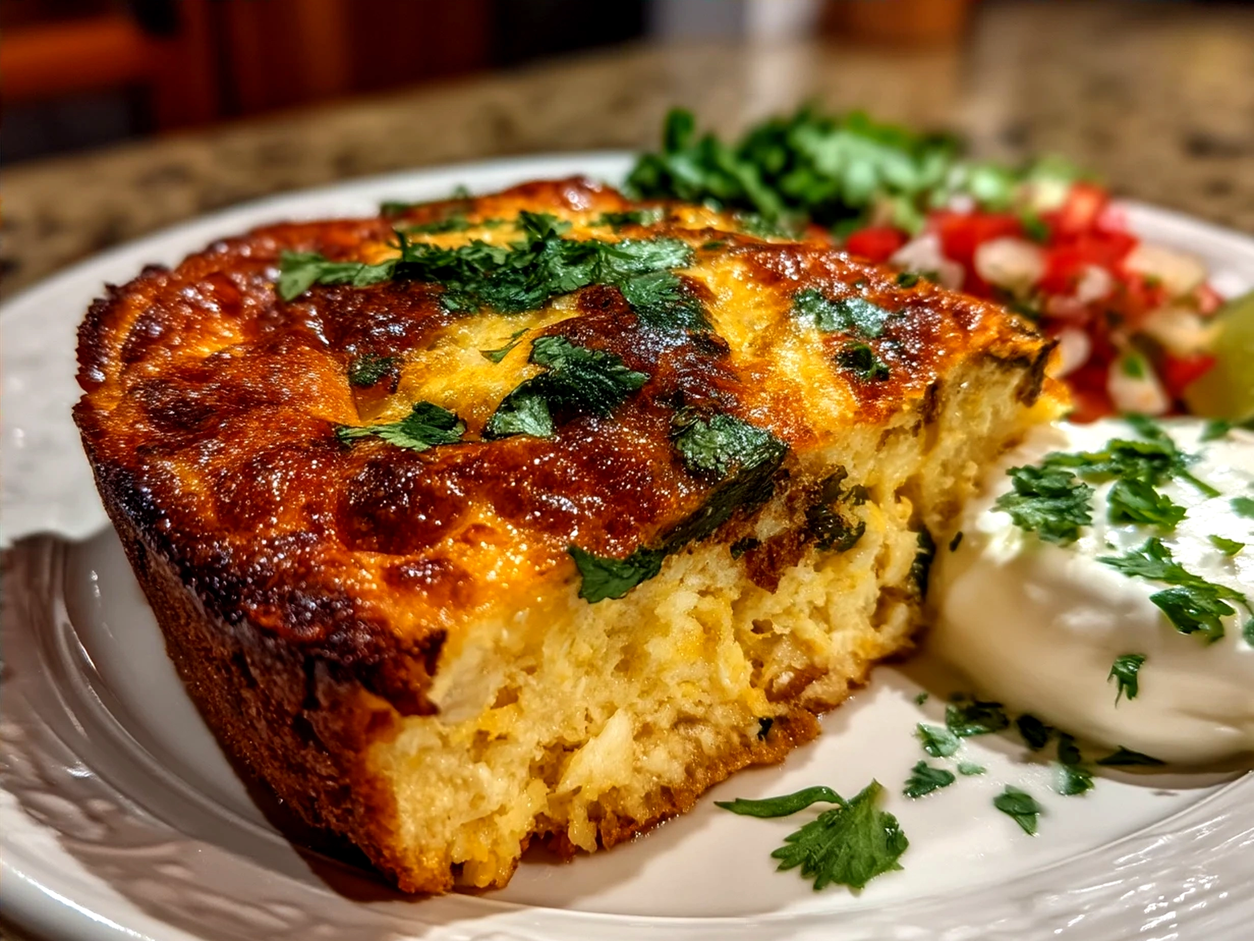 Freshly baked Chile Relleno Casserole served on a warm plate garnished with lime and parsley