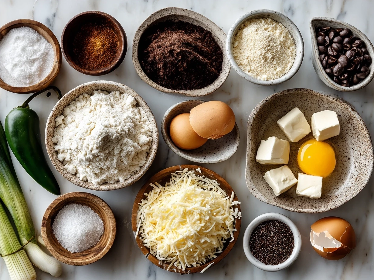 Ingredients for Chile Relleno Casserole on a wooden surface including roasted peppers, cheeses, eggs, and spices