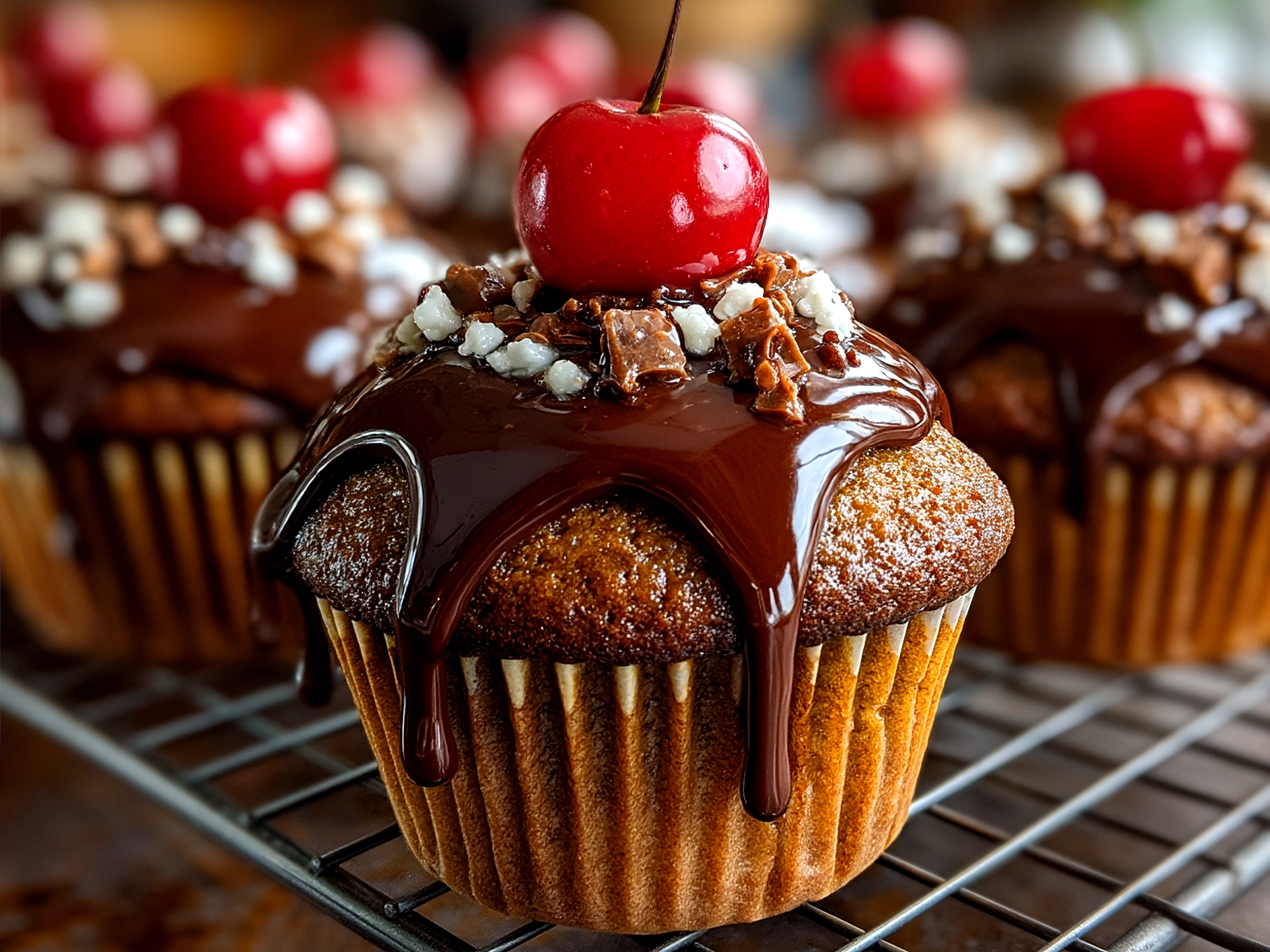 Final presentation of Chocolate Covered Cherry Cupcakes on a white plate with fresh cherries