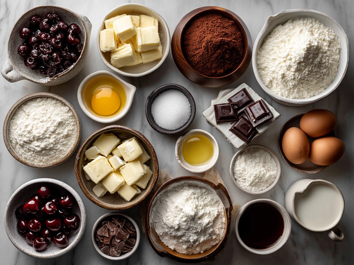 Ingredients for Chocolate Covered Cherry Cupcakes on a wooden surface