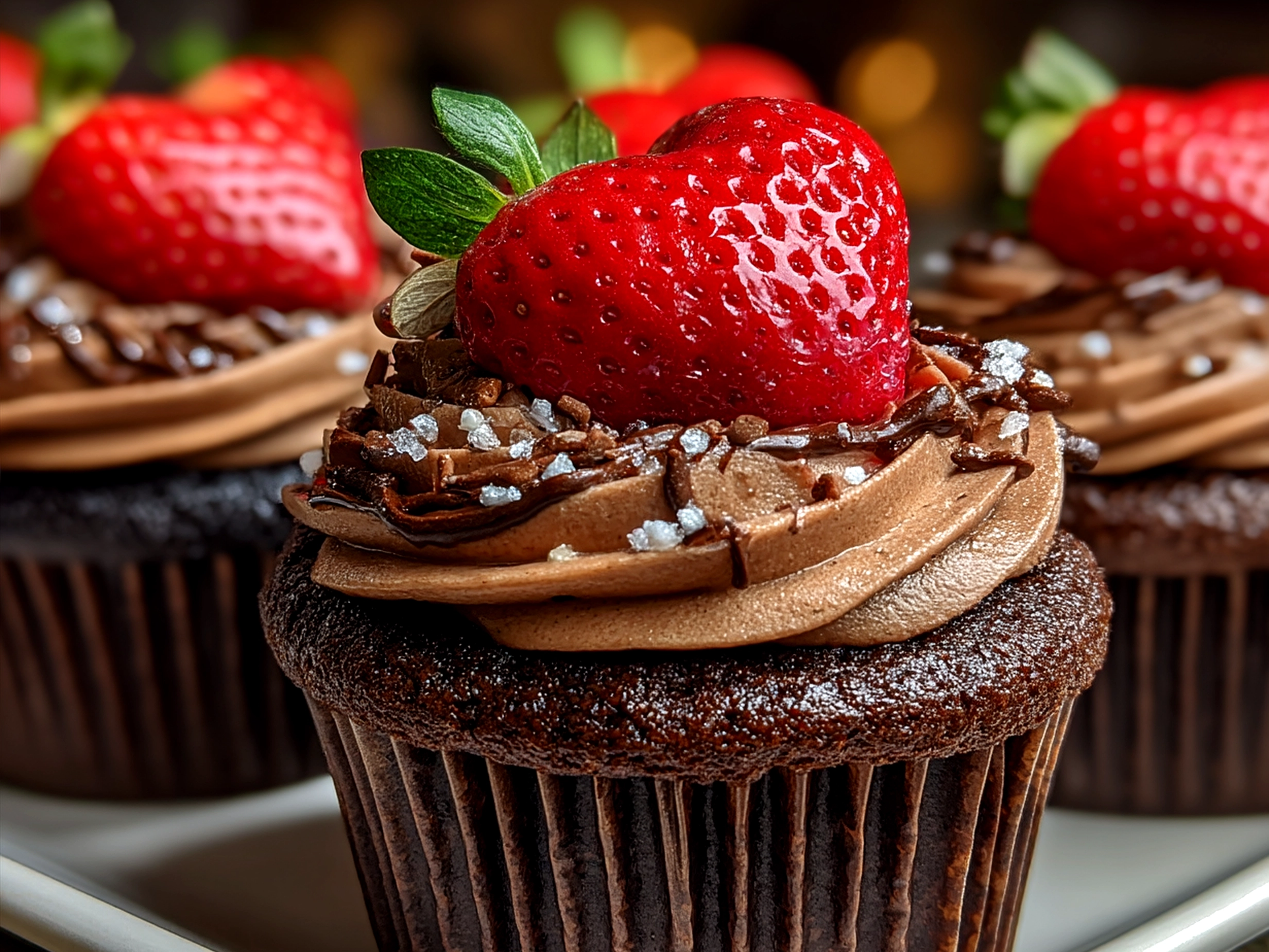 Finished Chocolate Strawberry Heart Cupcakes displayed on soft linen with strawberry frosting