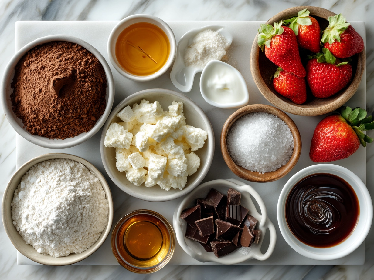 Ingredients for Chocolate Strawberry Heart Cupcakes including flour, cocoa powder, strawberries, butter, and sugar