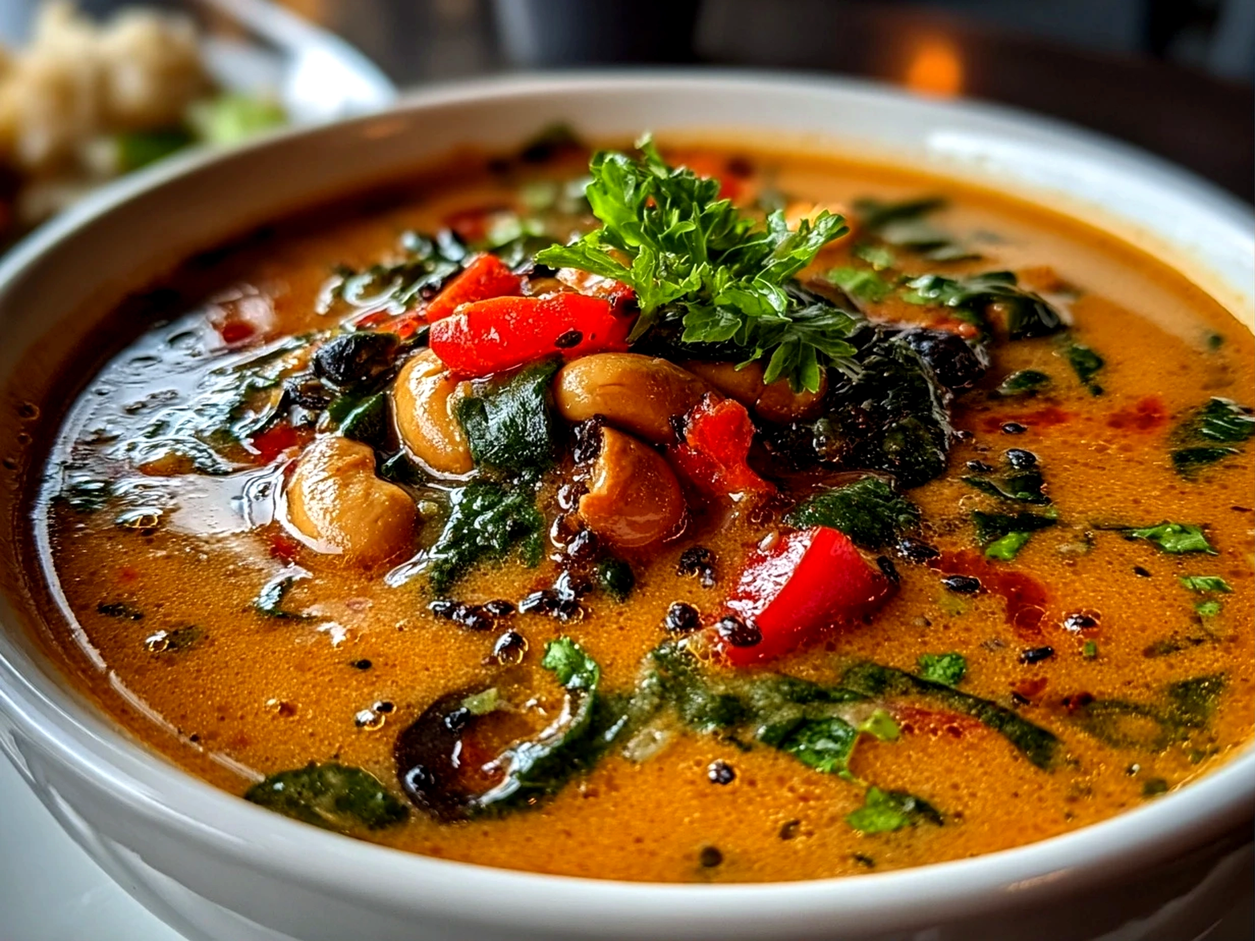 Close-up of freshly prepared African Peanut Soup