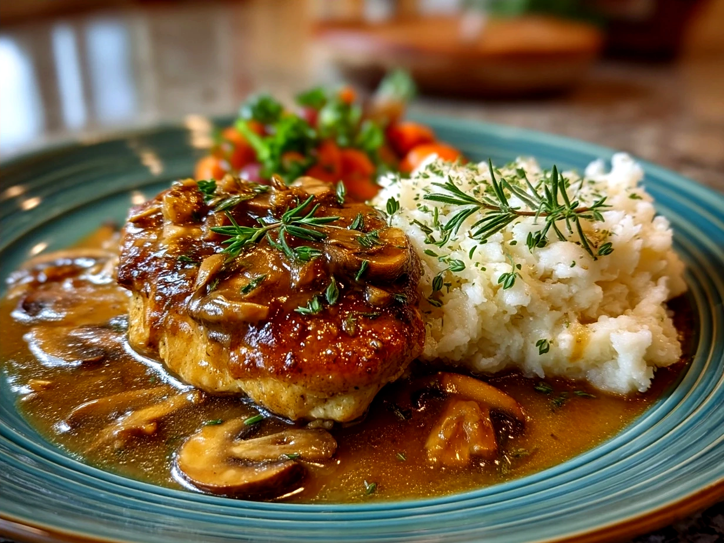 Serving Crockpot Chicken Gravy over mashed potatoes with a side of roasted vegetables