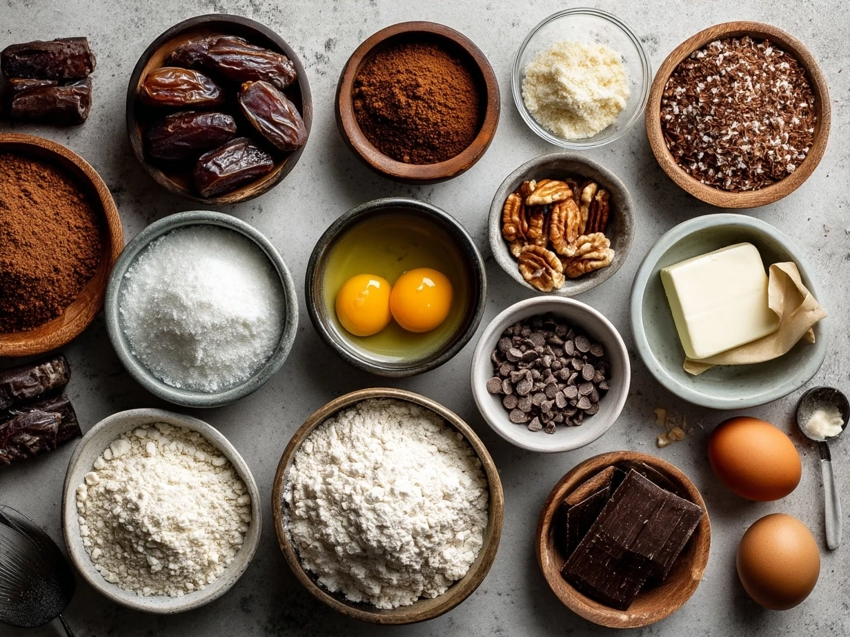 Ingredients for Date Brownies including dates, almond flour, cocoa powder, walnuts, and coconut oil
