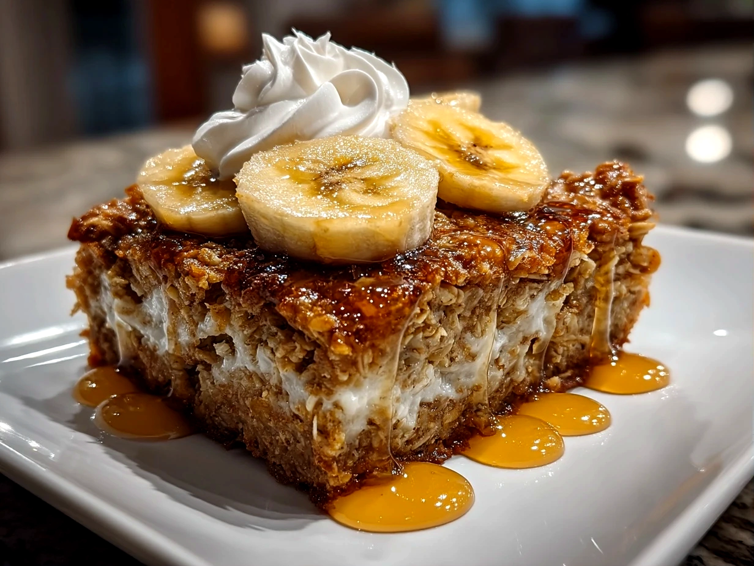 Close-up view of freshly baked banana oatmeal bars with golden edges and tender texture