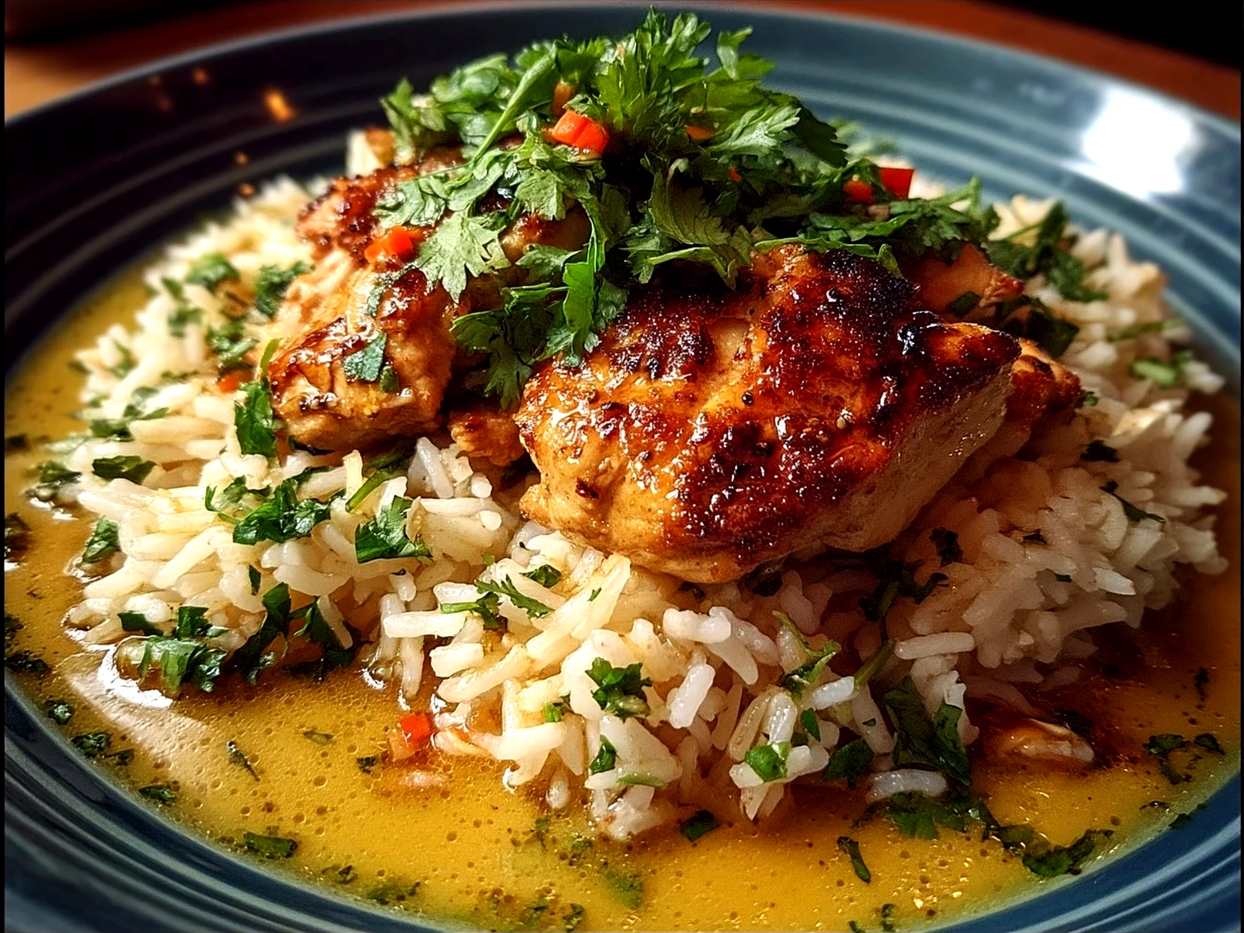 Close-up of finished Chicken Ginger Rice served in a bowl with sliced green onions garnish