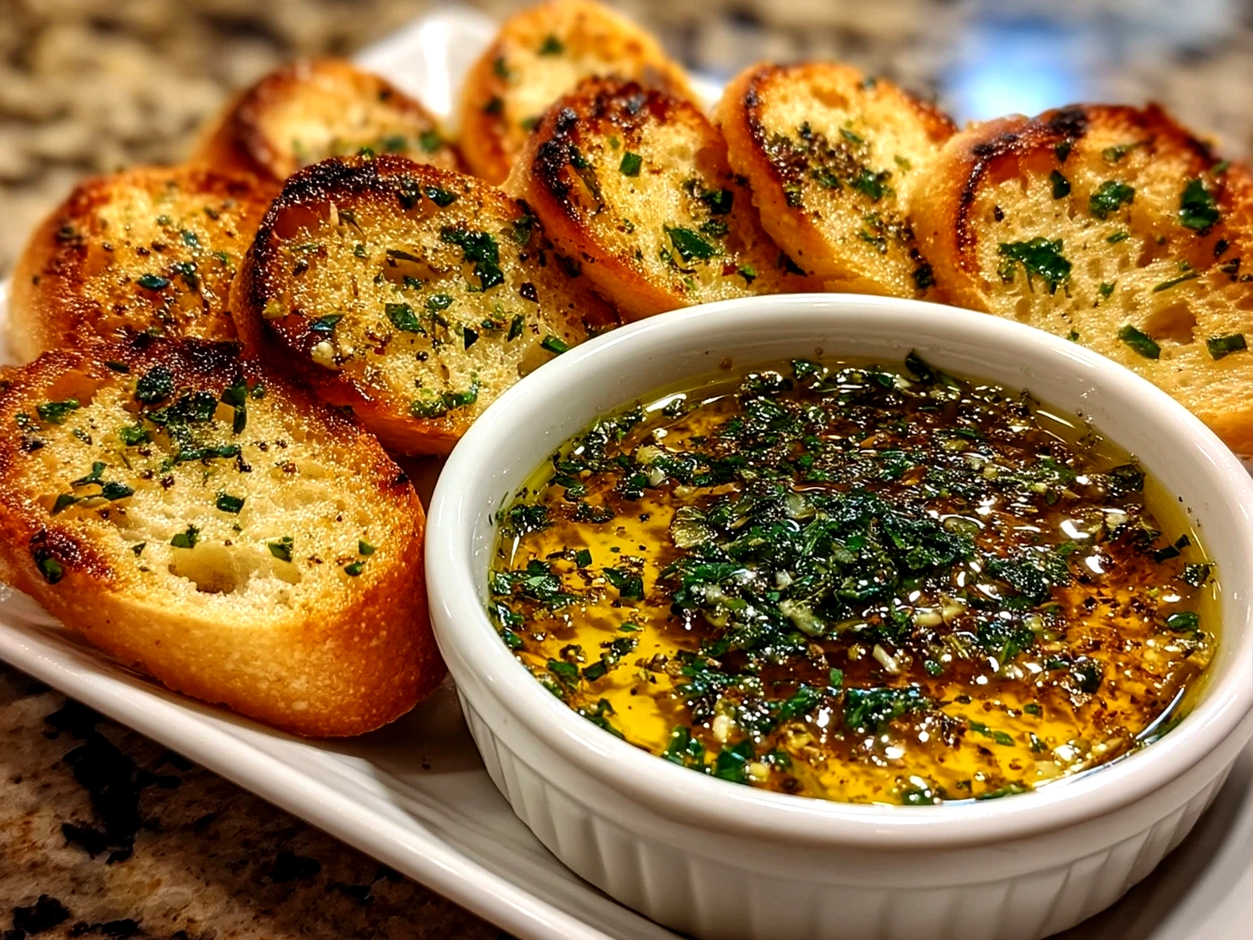 Close-up of finished Garlic Olive Oil Dip glistening with herbs in a small bowl