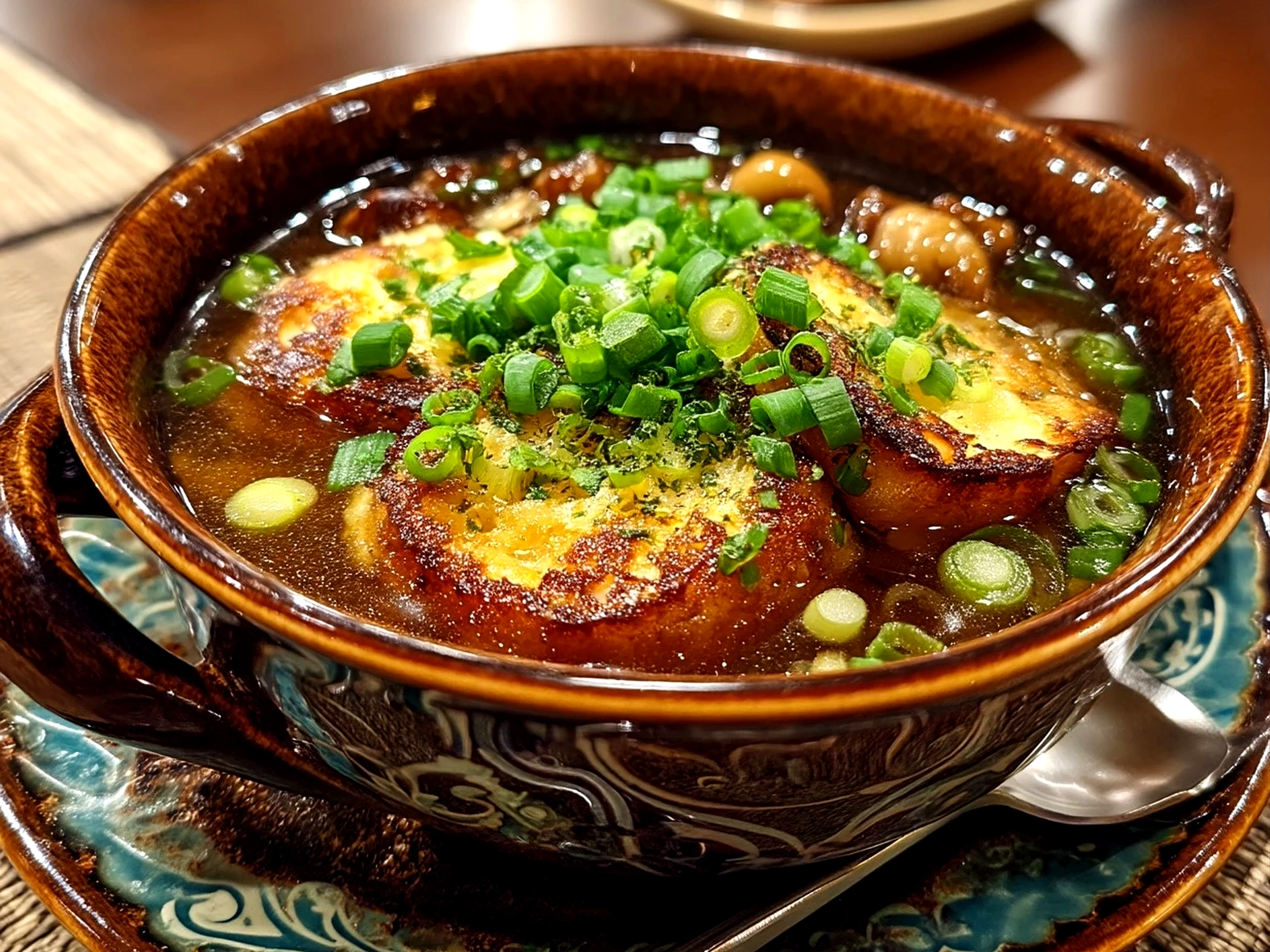 Close-up of finished Japanese Onion Soup in a bowl with tofu and scallions on top