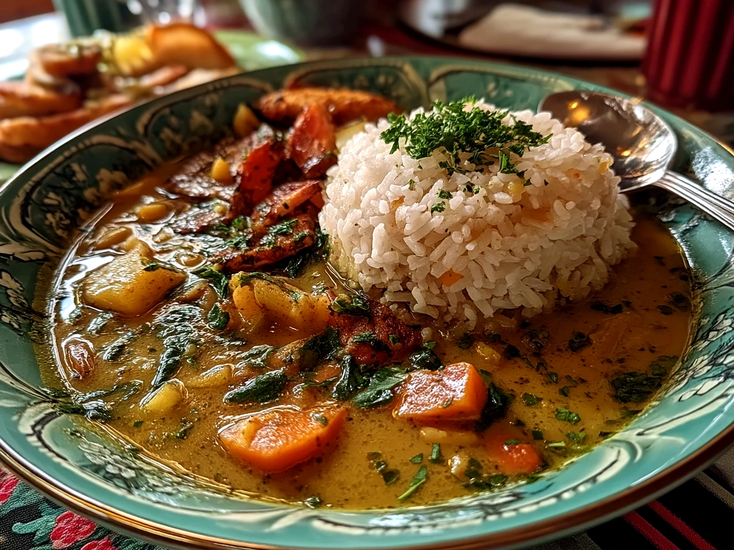 Close-up of finished rich and inviting African Peanut Soup garnished with fresh cilantro.