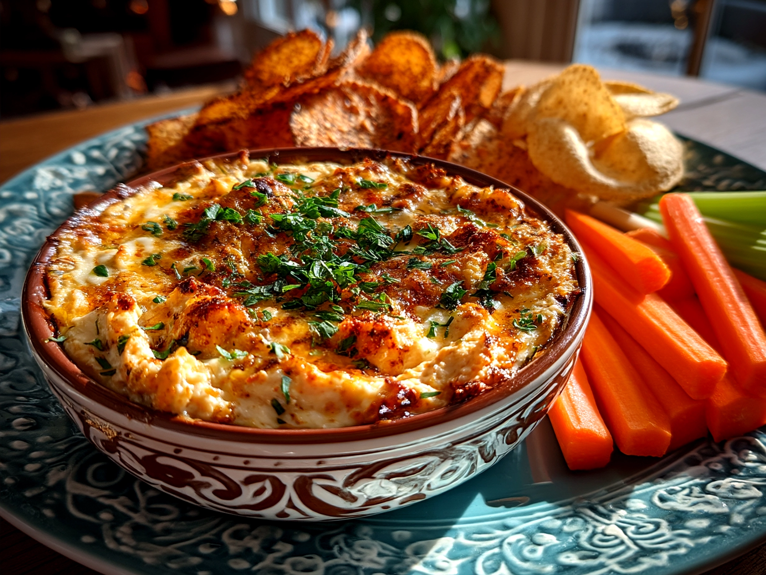 Final French Onion Dip served with rustic bread and vegetables