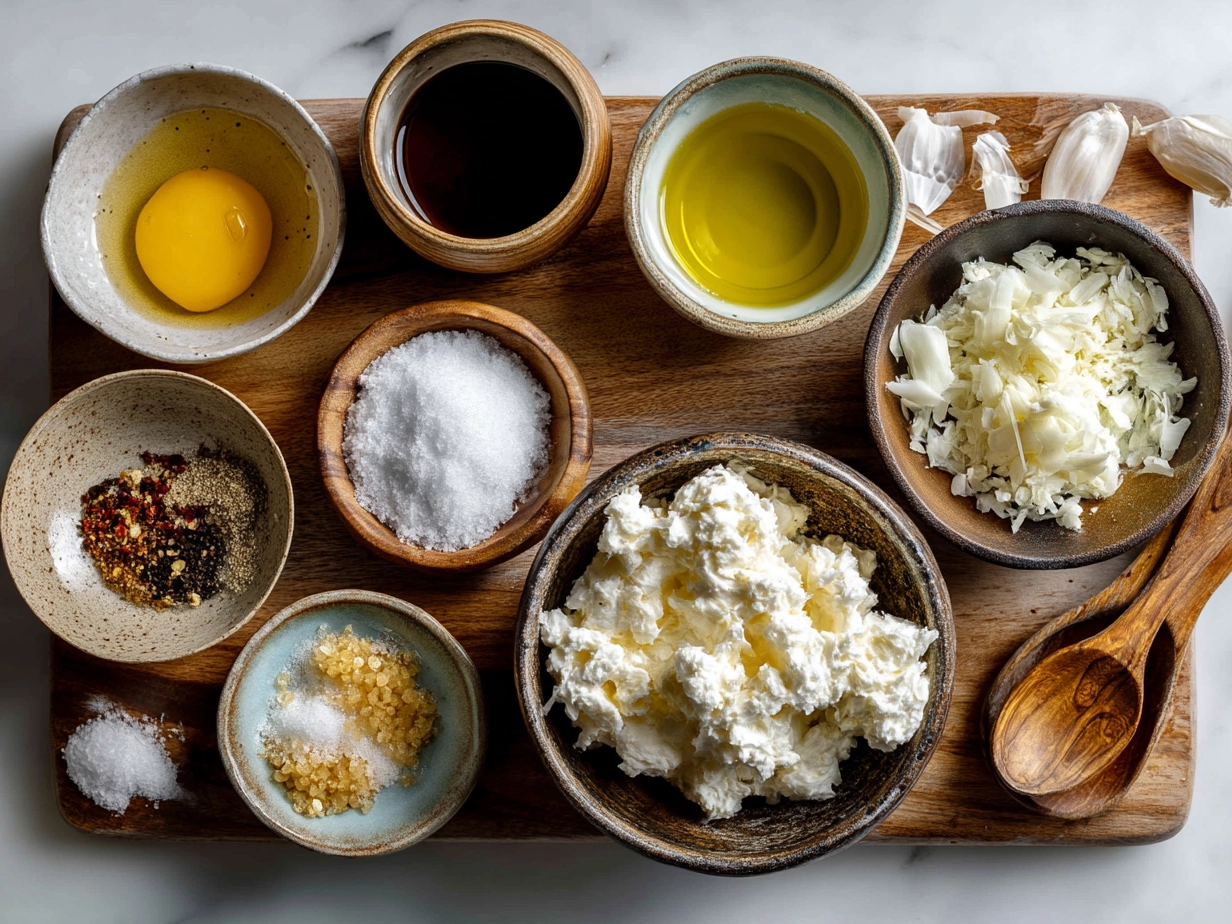 Ingredients for French Onion Dip including sliced onions, butter, sour cream, sea salt, pepper, and chives