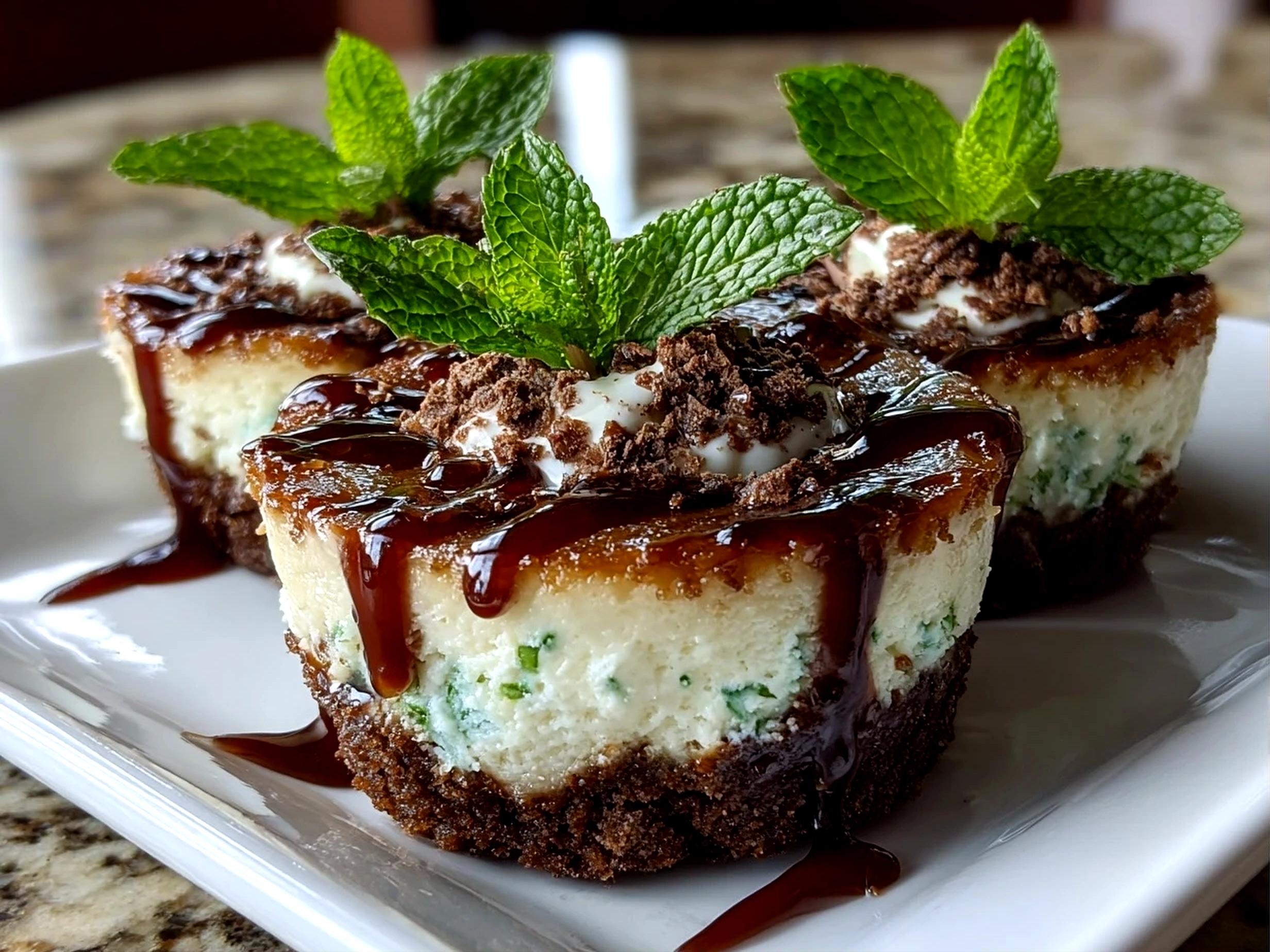 freshly prepared Andes Mint Mini Cheesecakes on clean counter