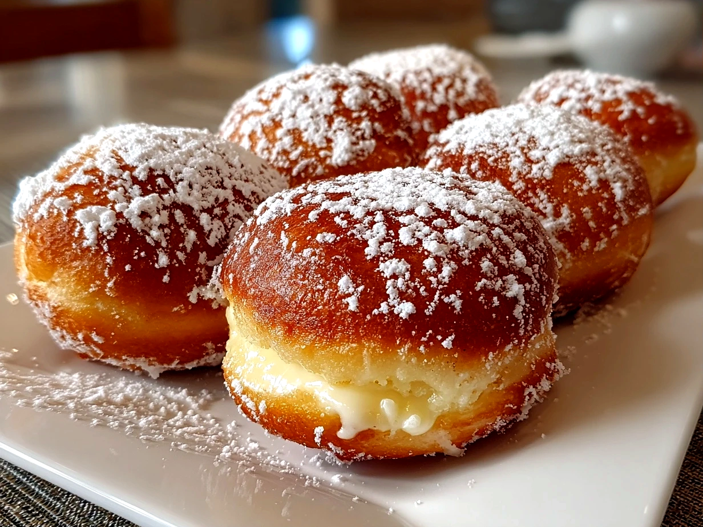 Freshly Prepared Bomboloni alla Crema on White Plate