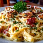 Freshly prepared Chicken Carbonara served on a clean white plate