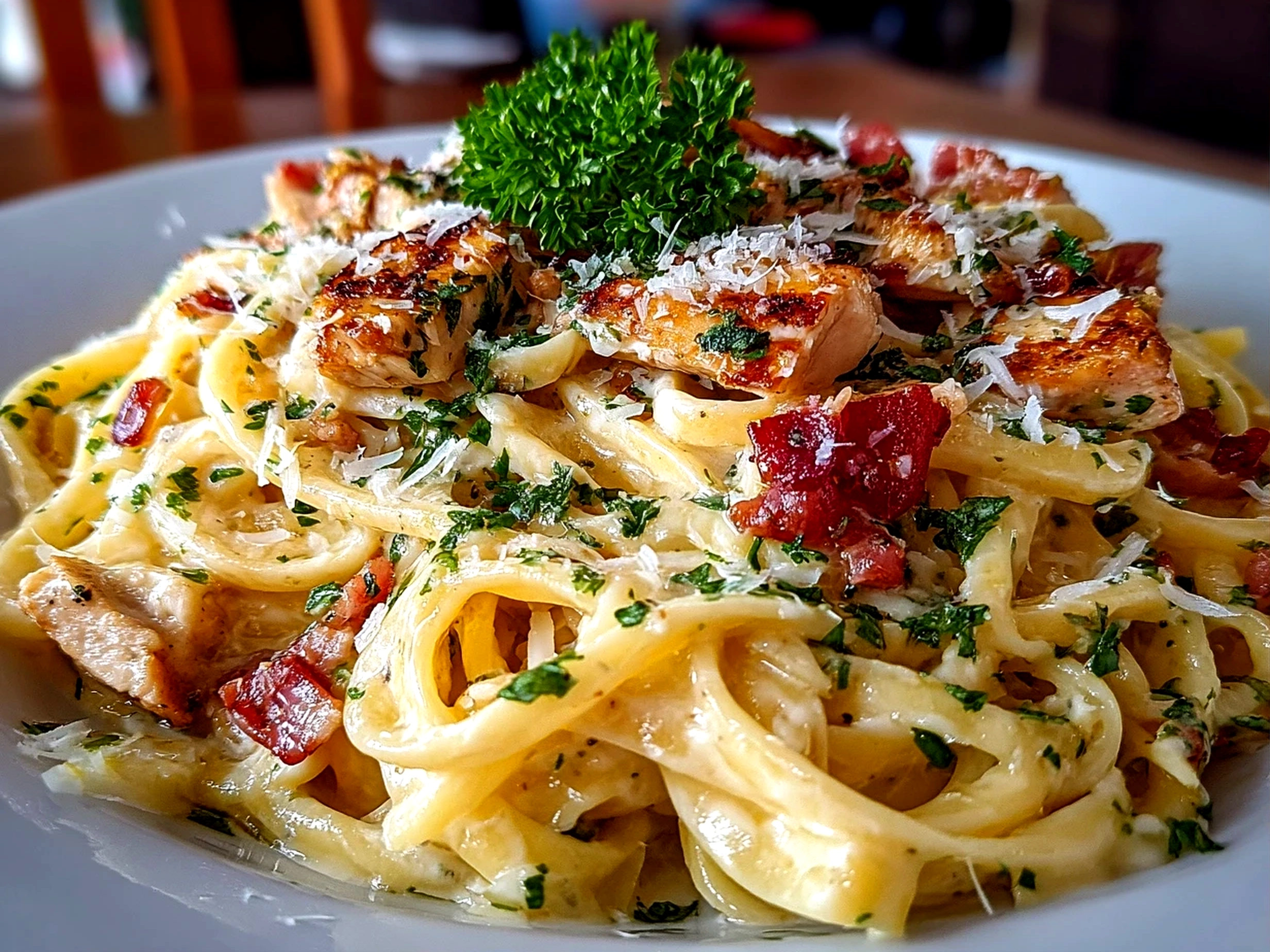 Freshly prepared Chicken Carbonara served on a clean white plate