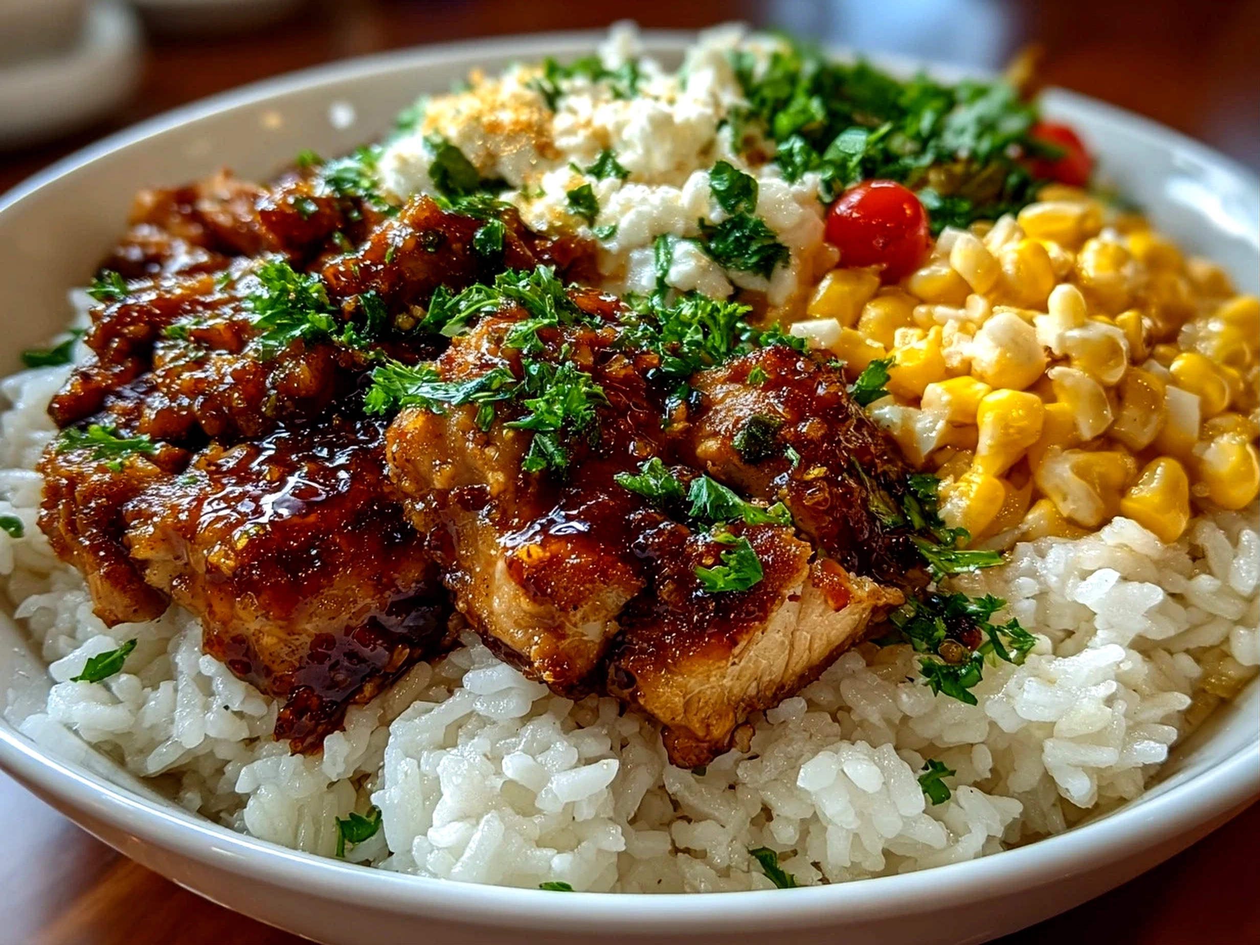 freshly prepared Chicken Rice Bowl with Street Corn