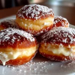 Freshly prepared Italian Bomboloni Cream Donuts on white plate