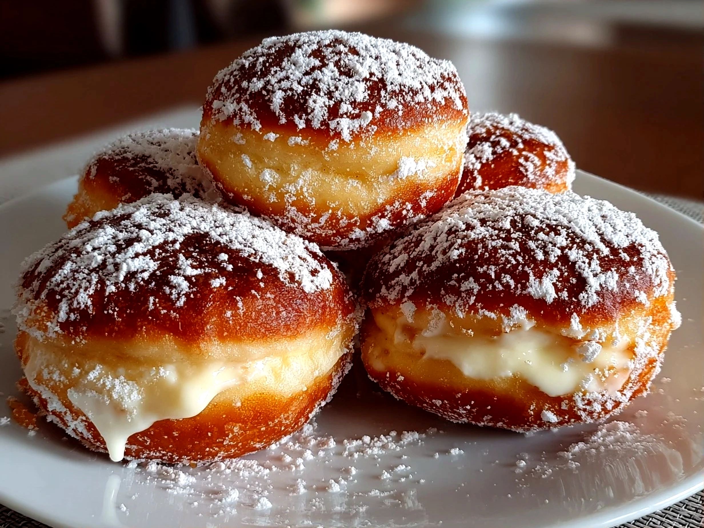 Freshly prepared Italian Bomboloni Cream Donuts on white plate