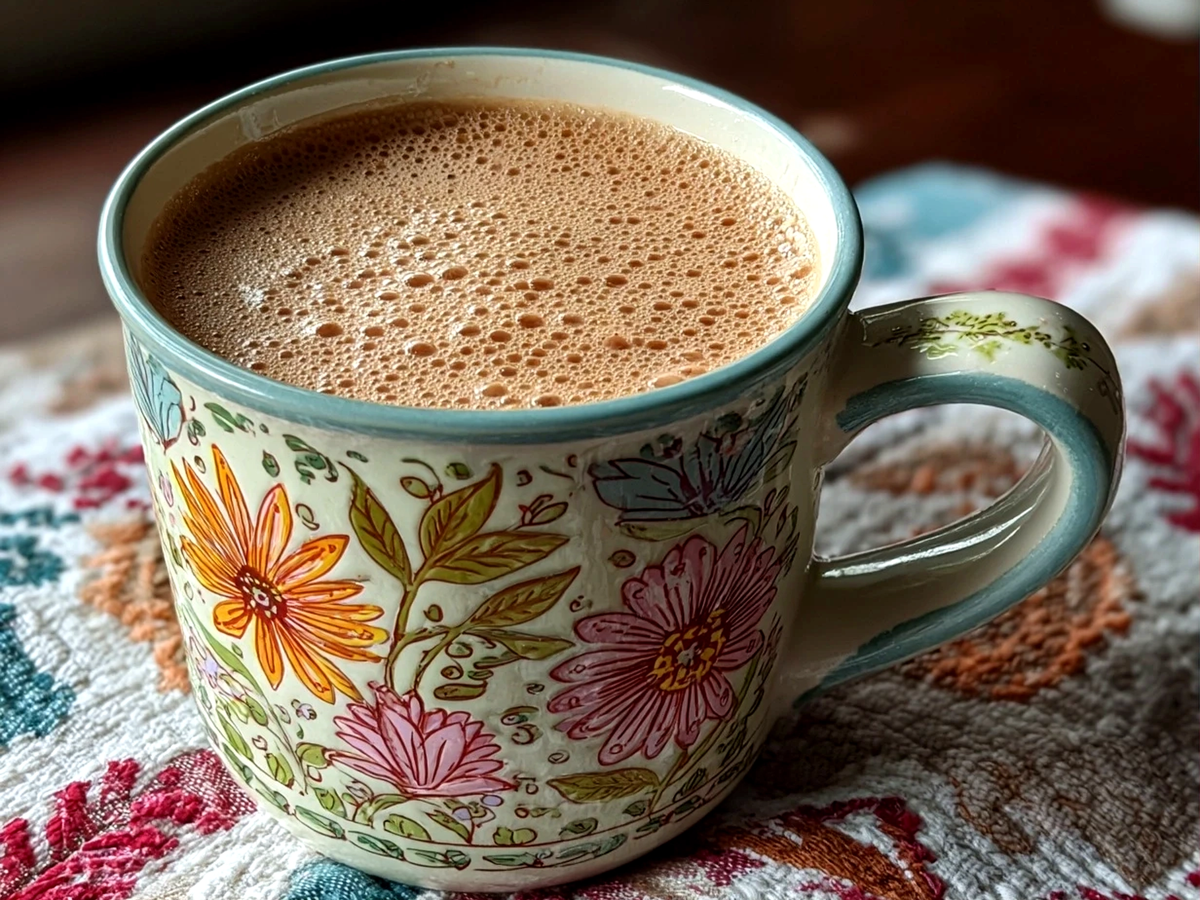Freshly prepared Kashmiri Pink Chai in traditional pot