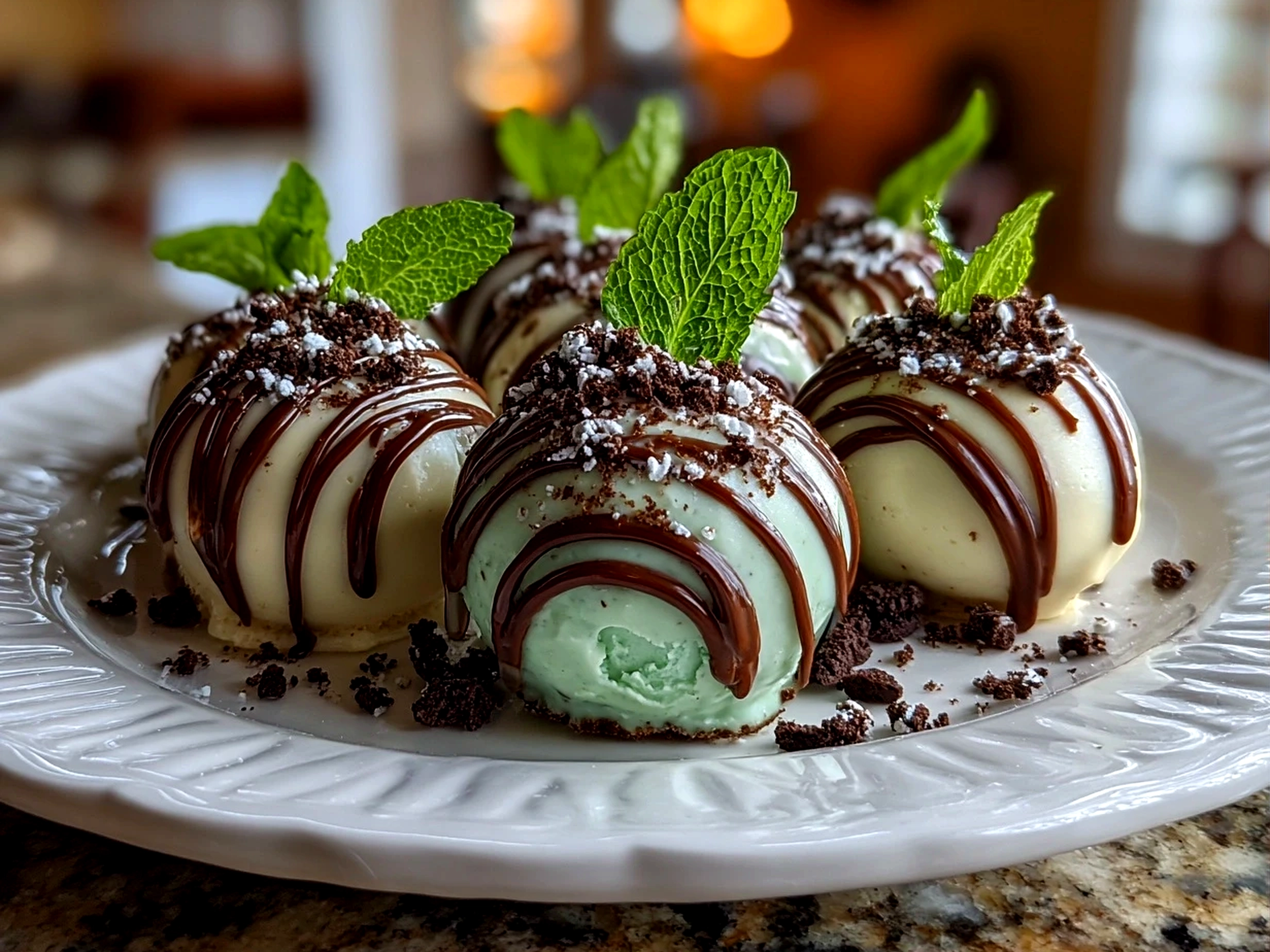 Freshly prepared Mint Oreo Balls on white plate