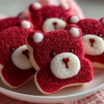 Freshly prepared Red Velvet Bear Cookies on white plate