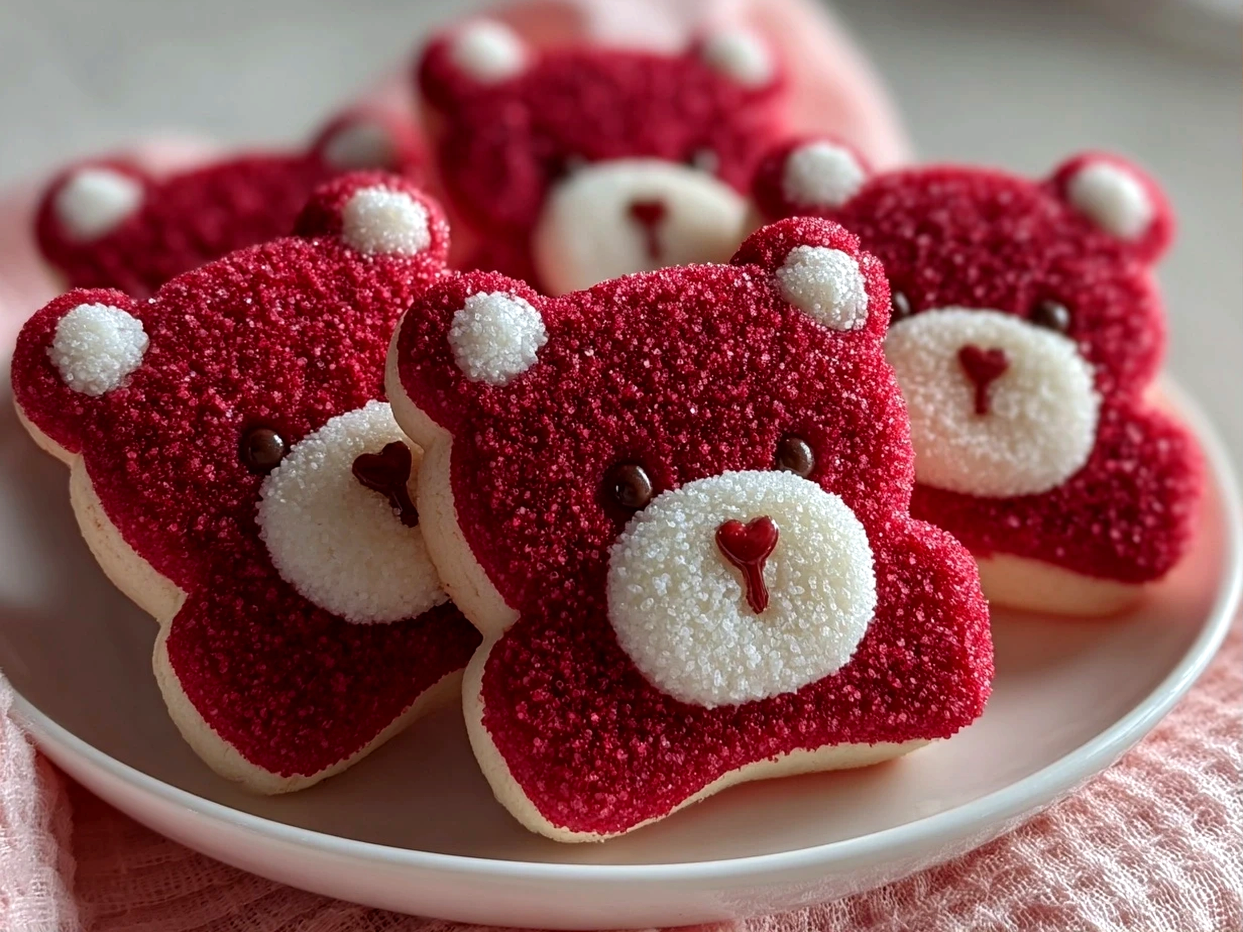 Freshly prepared Red Velvet Bear Cookies on white plate