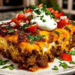 Freshly prepared taco casserole on white plate