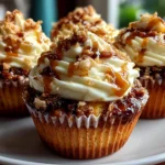 Freshly prepared toffee crunch cupcakes on white plate