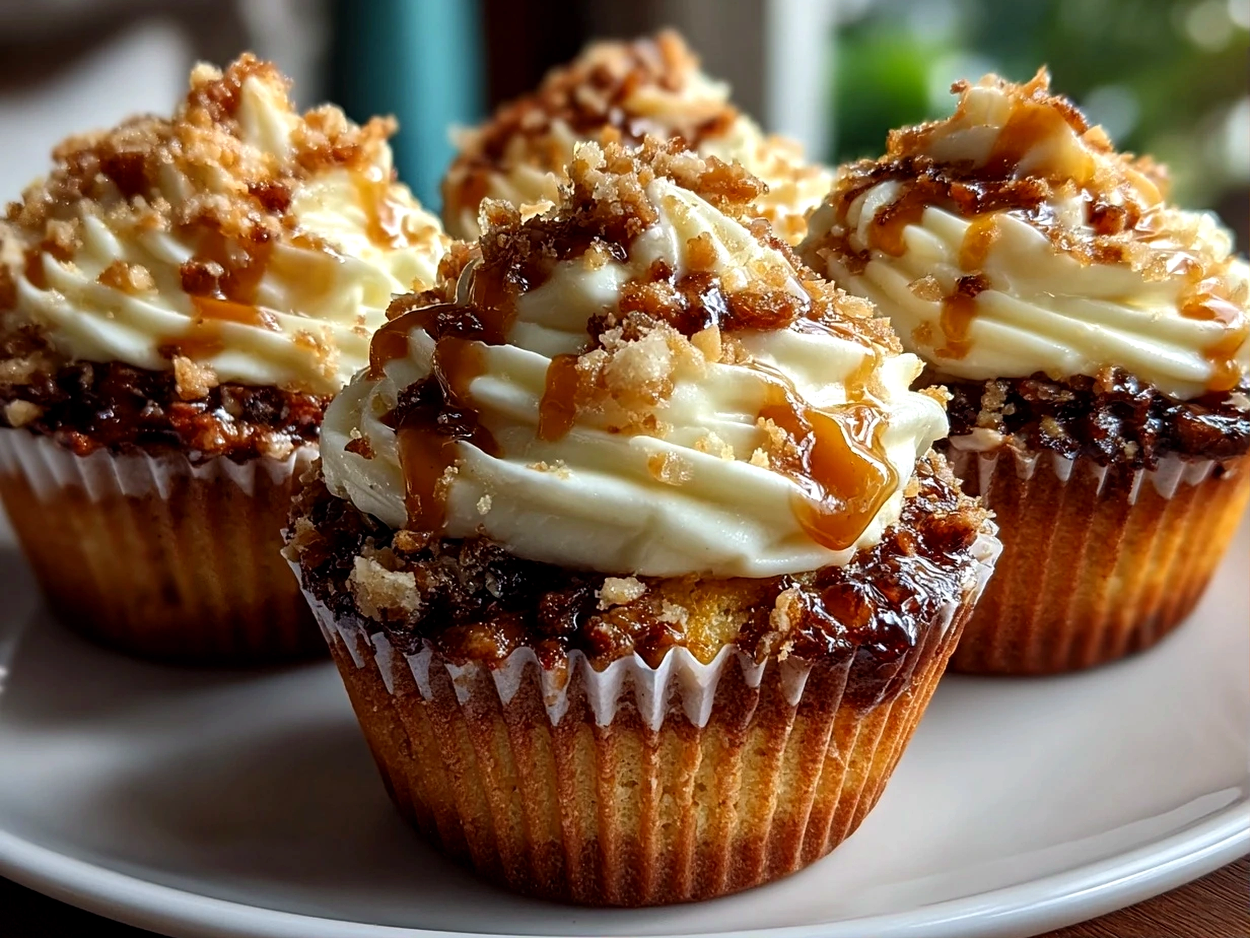 Freshly prepared toffee crunch cupcakes on white plate