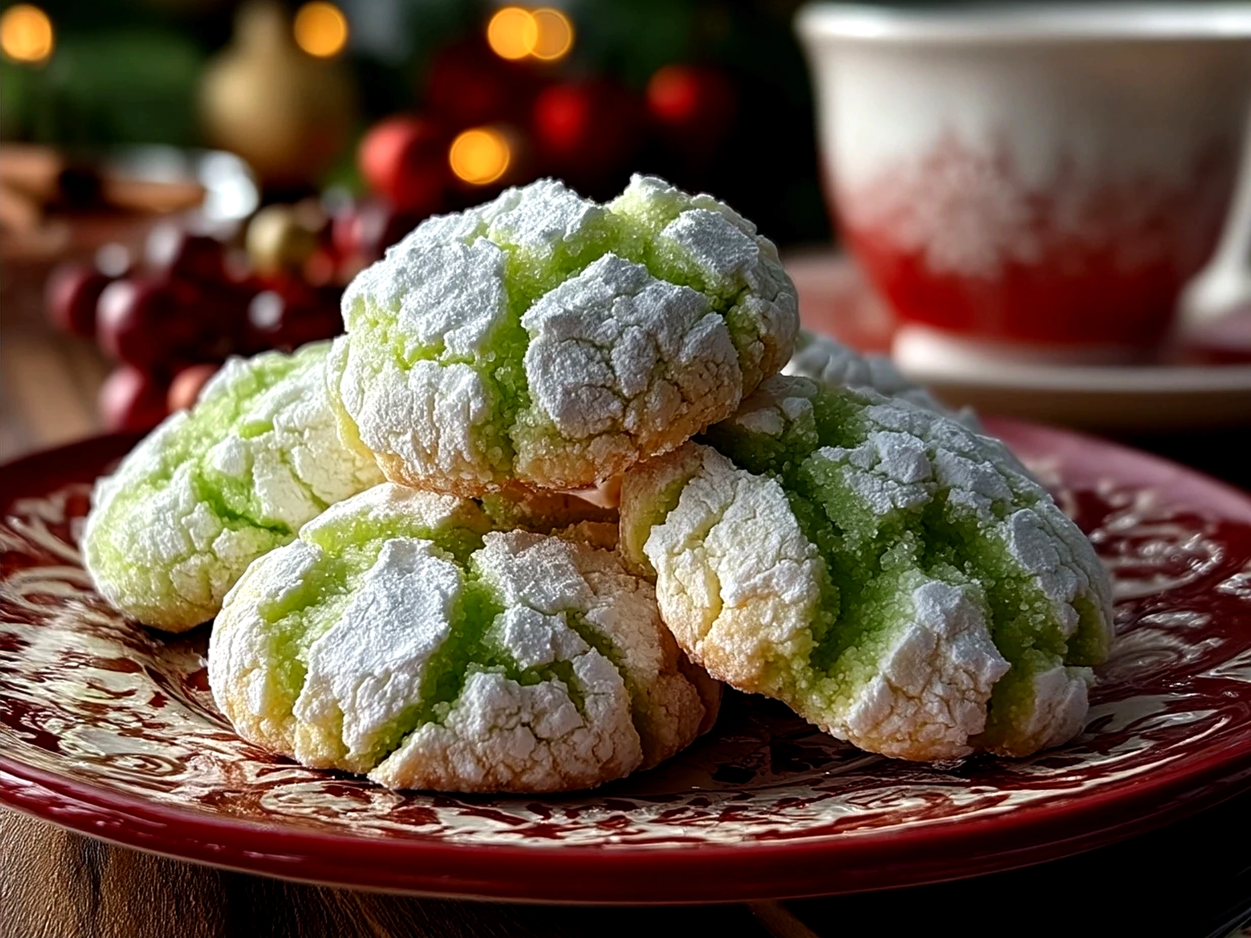 Freshly baked Grinch Crinkle Cookies arranged on a rustic festive board