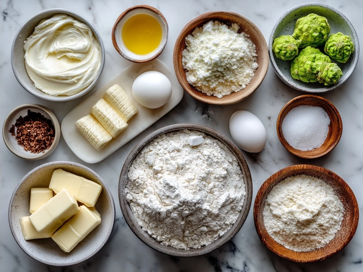 Ingredients for Grinch Crinkle Cookies including flour, sugar, butter, egg, extracts, green coloring, and powdered sugar