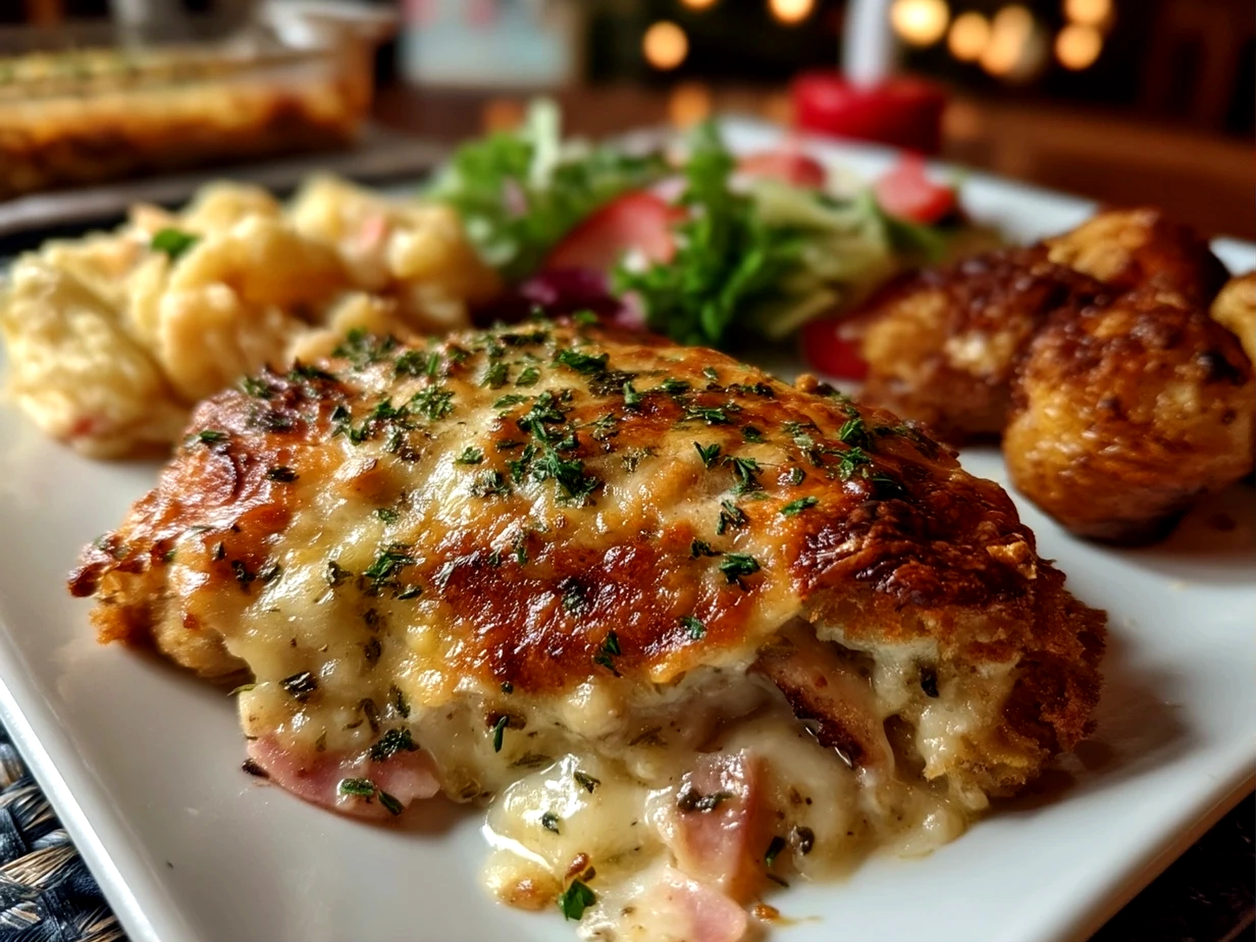 Close-up of finished comforting Chicken Cordon Bleu Casserole served on a plate, warm and appetizing