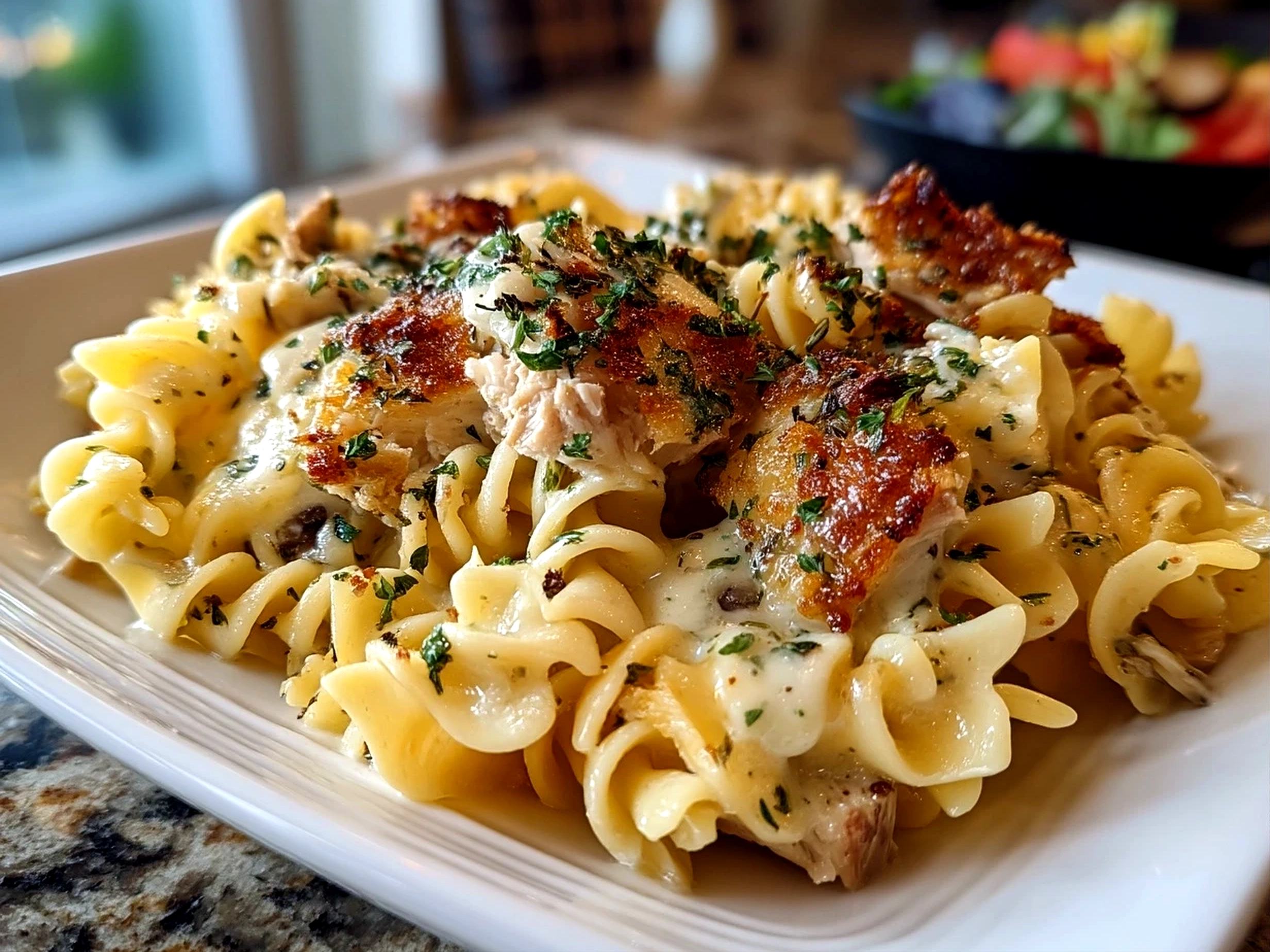 Close-up of finished comforting tuna noodle casserole fresh from the oven